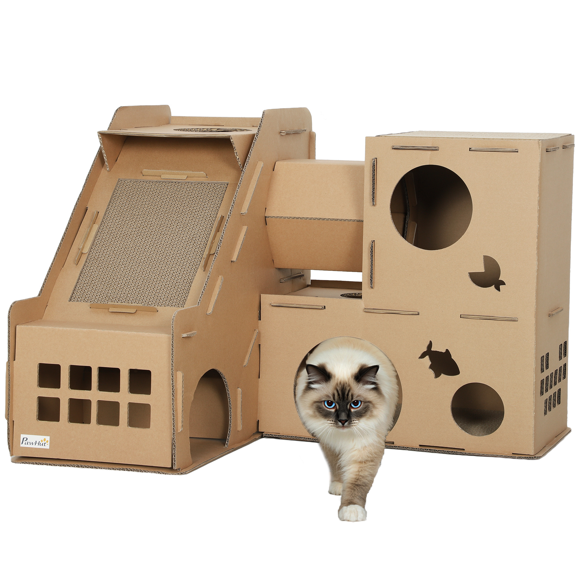 Image of Pawhut Cardboard Cat House, Castle Shape, 2-level Cat Scratcher With 3 Scratching Zones, Tunnel, Ramp, Includes Grass, For Indoor Use, Brown