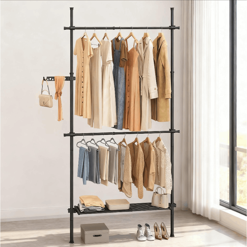 Image of Home Telescope Rod Clothes Rack, 3-stage Wardrobe, Height- And Width-adjustable, With 2 Clothes Rods And Removable Shelf, Grab Arm, Space- For Hallway/apartment.