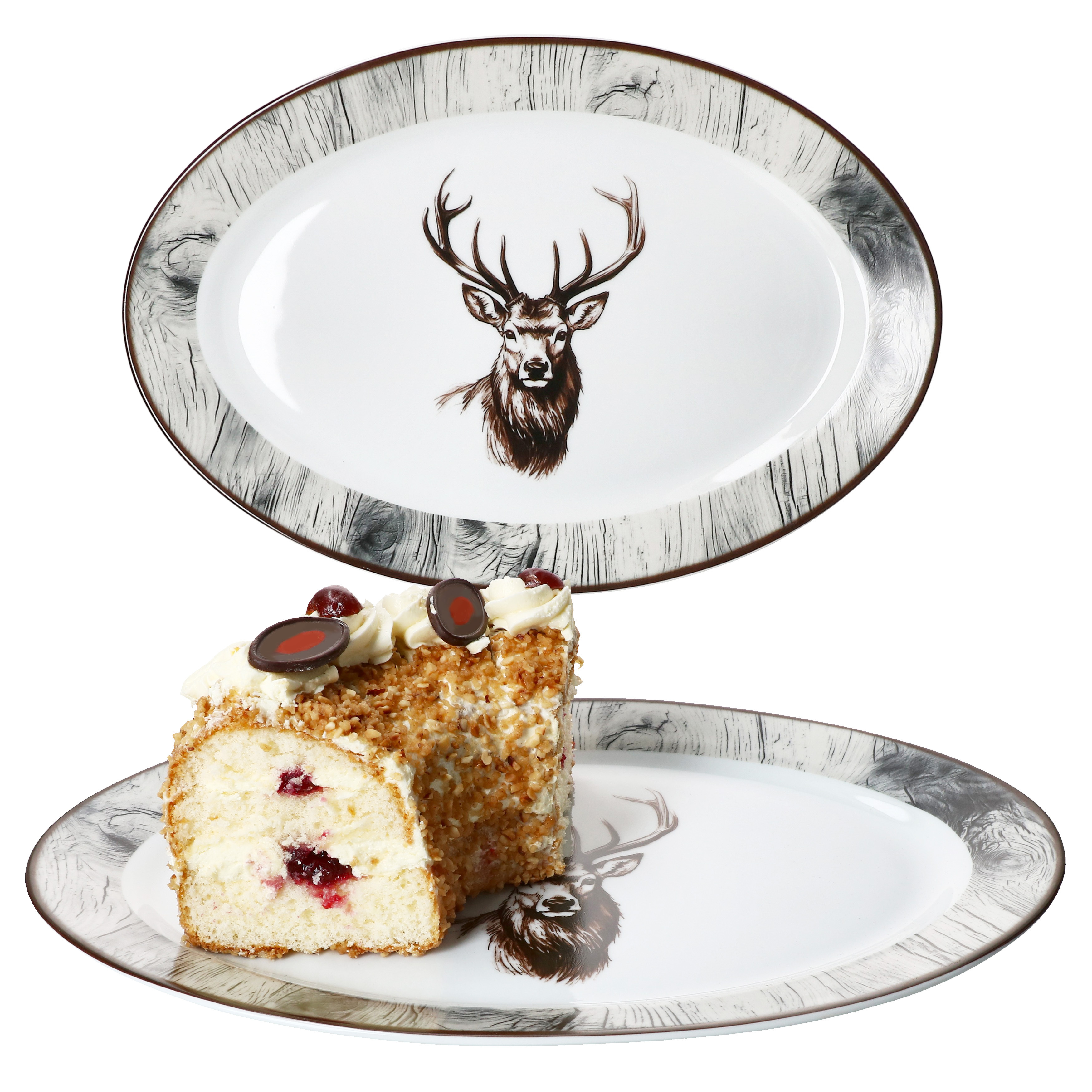 Image of 2x Oval Porcelain Serving Plate 35.5x24.3cm Deer Dinnerware