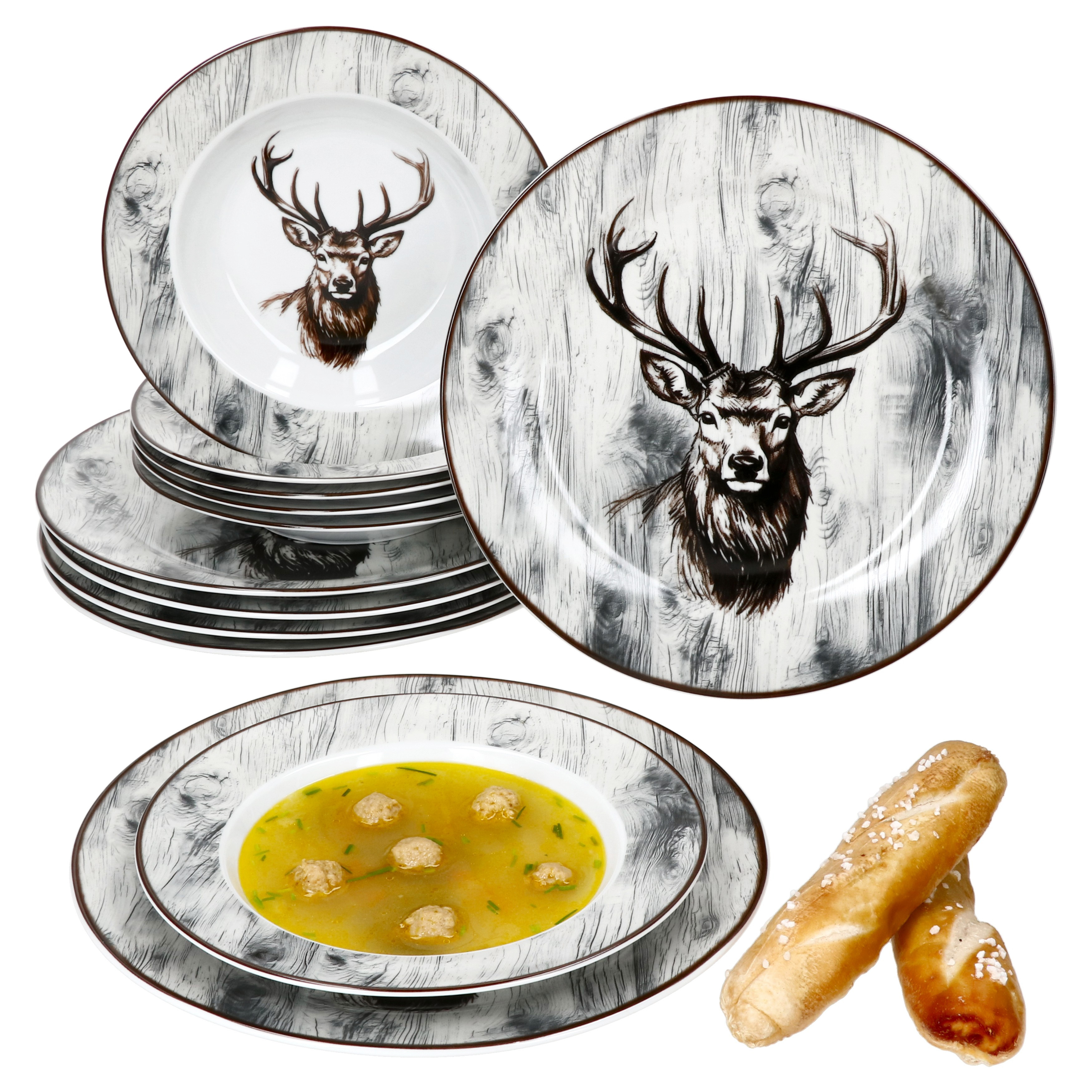 E-shop 12tlg Tafelservice Porzellan 6 Personen Speiseteller Suppenteller Hirsch