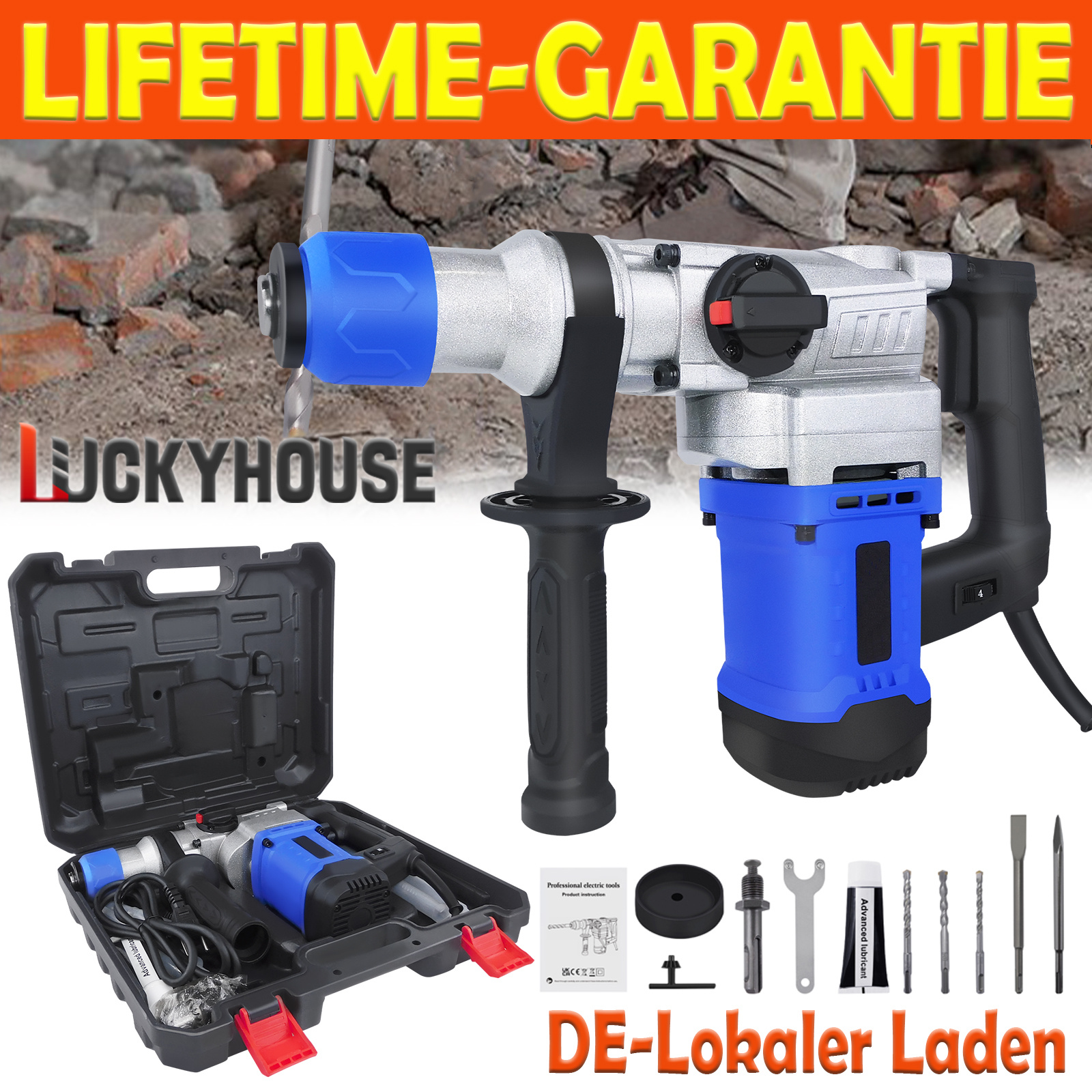 E-shop 3500W SDS-Plus Elektro-Schlaghammer mit 6 , Multifunktionaler Bohr- und Meißelhammer 0-4500 U/min, Elektro-Abreißhammer mit 360° schwenkbarem