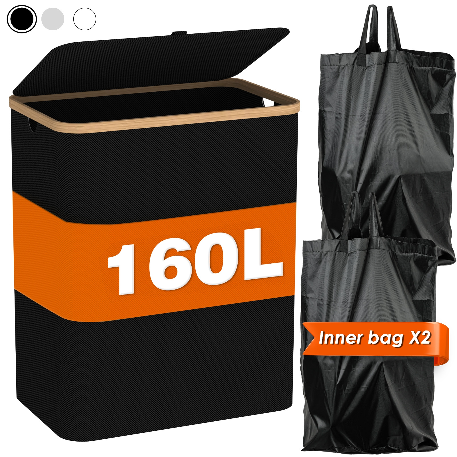 E-shop 160 L Wäschekorb mit Deckel, faltbarer Wäschekorb, 2 Fächer mit 2 abnehmbaren Wäschetaschen, Wäschekorb mit Bambusgriff