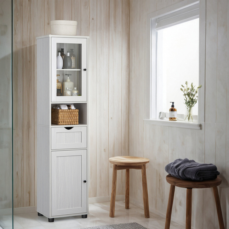 TEMU Mobile per bagno stretto, mobile lavabo indipendente, scaffalatura , ante in vetro, mobile lavabo con gambe, scaffalatura regolabile in altezza