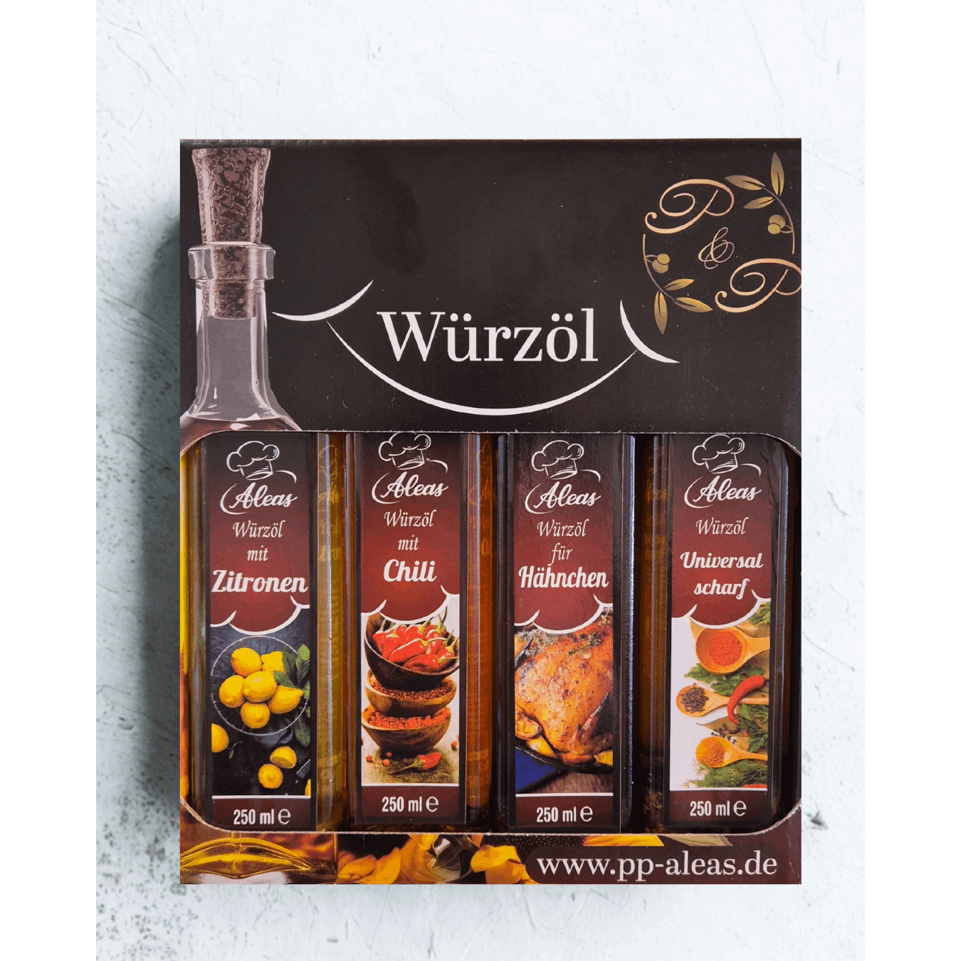E-shop 4er-Set Sonnenblumenöl mit Gewürzen, Würzöl - Set, Würzöl mit Zitronen, mit Chili, für Hähnchen, Universal Scharf oder Universal 4x250ml Aleas