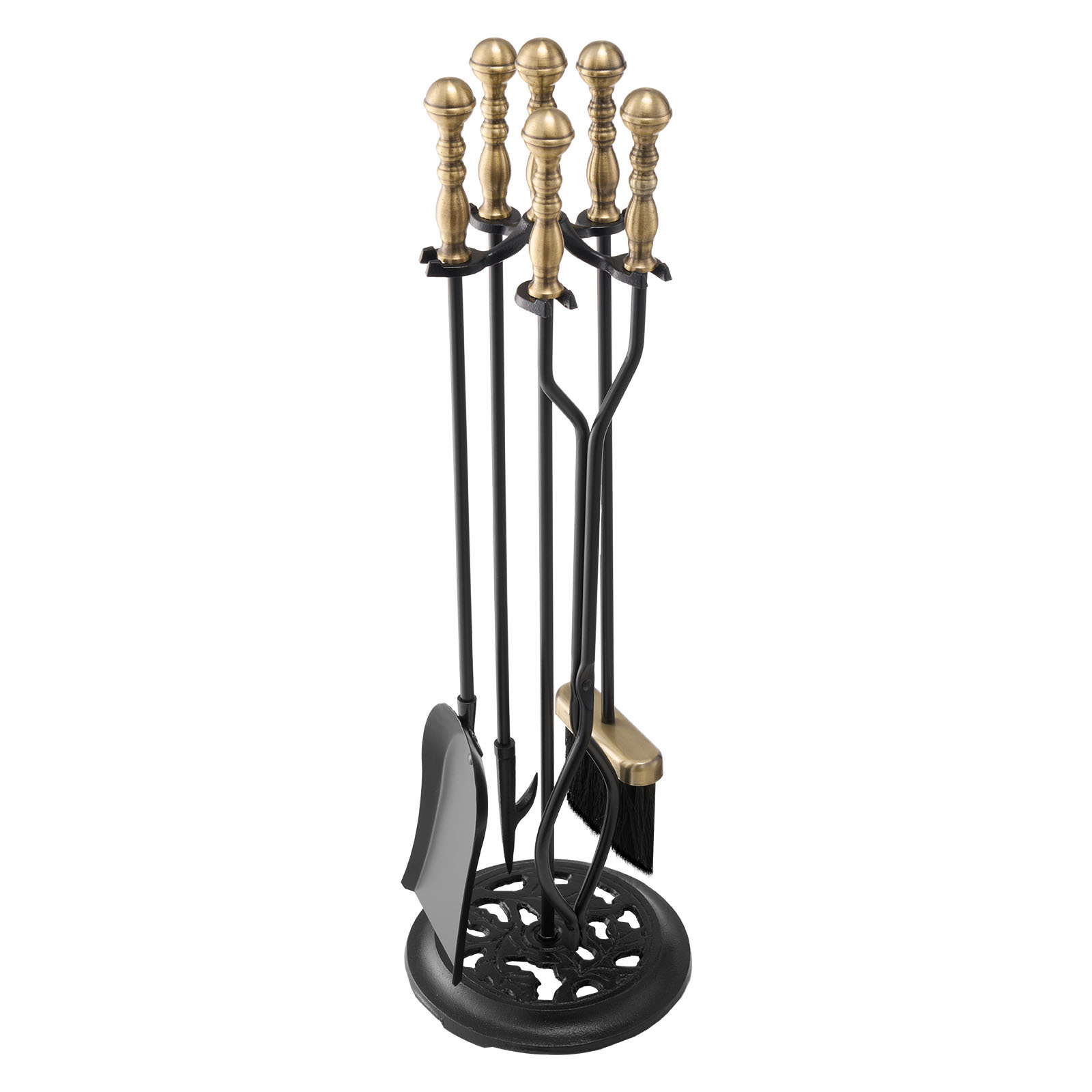 Image of Vevor Fireplace Tool Set, 5 Pcs Fire Tool Set And Holder With Five-prong Stand, Tongs, Ash Shovel, Brush, Fire Poker, Wrought Iron Fireplace Accessories For Indoor/outdoor, Black & Brass