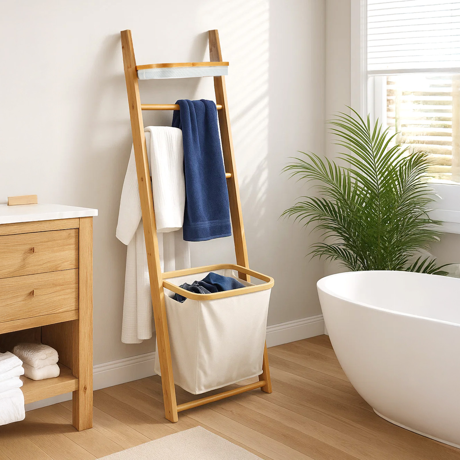 TEMU Japanese-style Bathroom Blanket Ladder Rack With Oxford Fabric Storage, Freestanding Wooden Towel Rack Organizer A Versatile Shelf For Ideal For