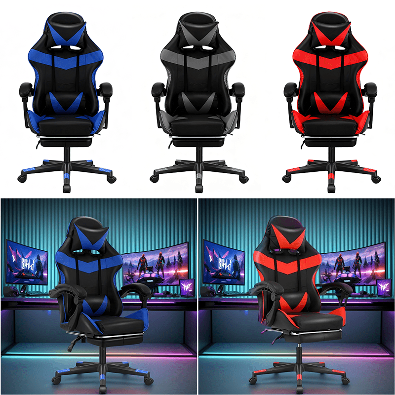 E-shop Ergonomischer Gaming-Stuhl mit Lendenwirbelstütze, Kopfstütz & Fußauflage – Verstellbarer Bürostuhl für Erwachsene Kinder, Mehrere Farben,