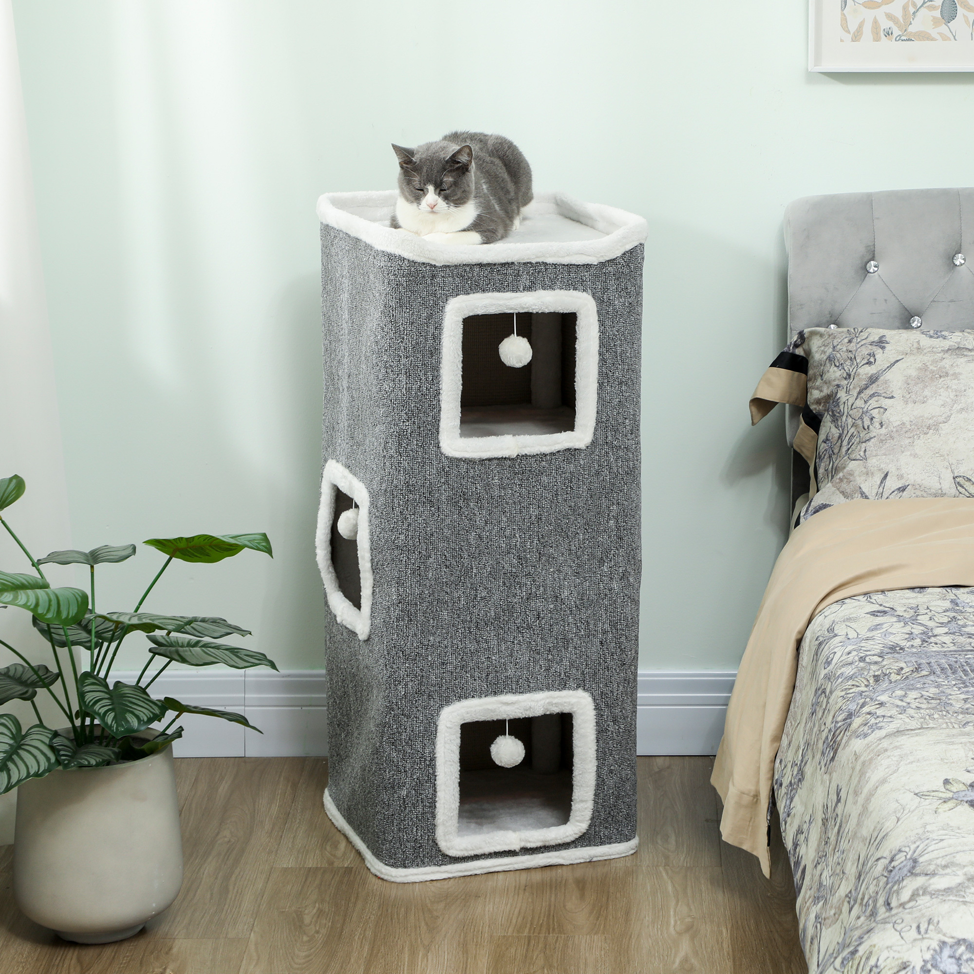 100 Cm Tall 41 X 41 Cm Four-tier Cat Scratching Post With Play Ball, Plush Edge, Cat Cave, Scratching Tree For 1-2 Cats Under 7kg, Gray