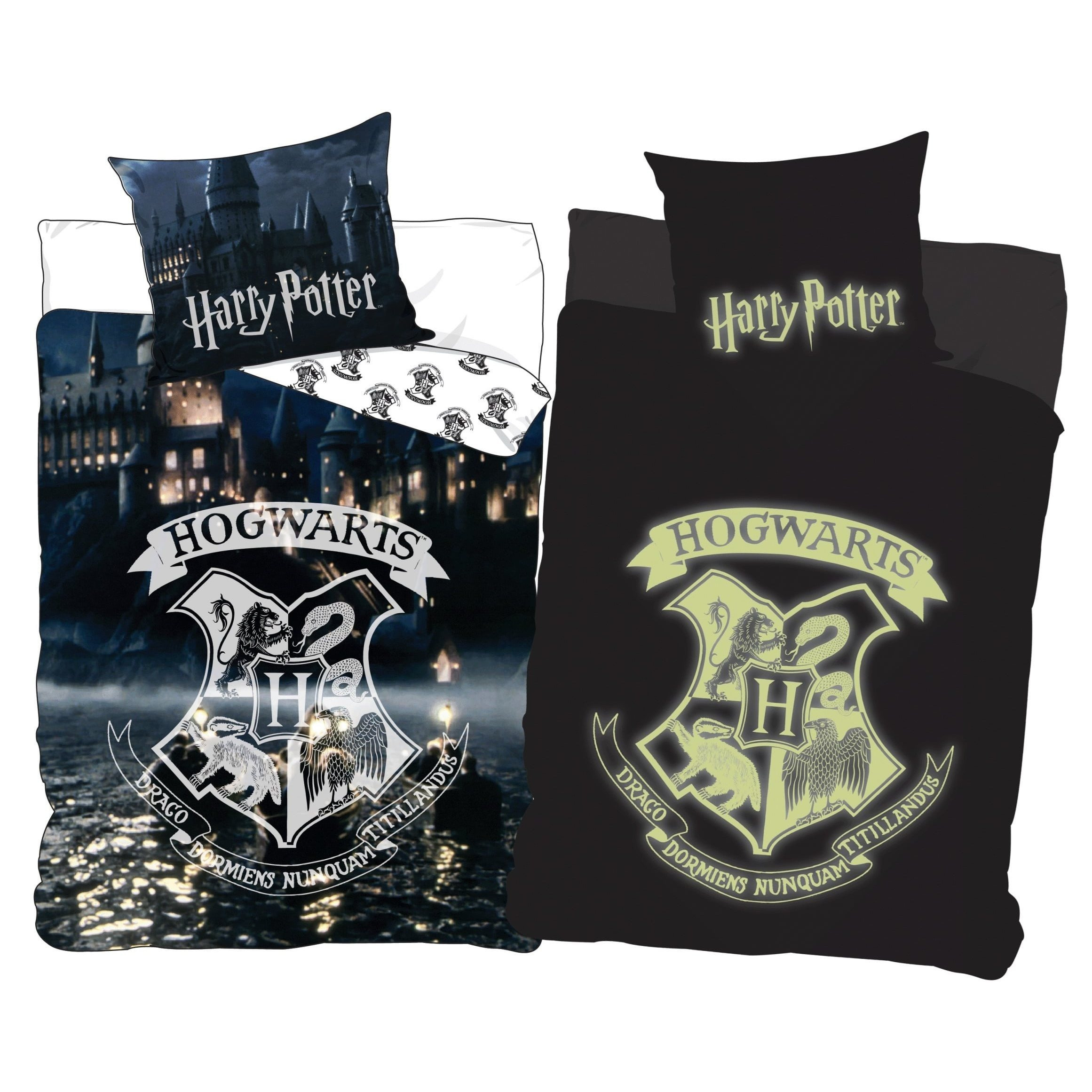 Image of Harry Potter "glow In The Dark" Reversible Bedding Set, Duvet Cover 135x200, Pillowcase 80x80, 100% Cotton, Magic, Witchcraft, Sorcery, Castle, Wizarding School Bedding
