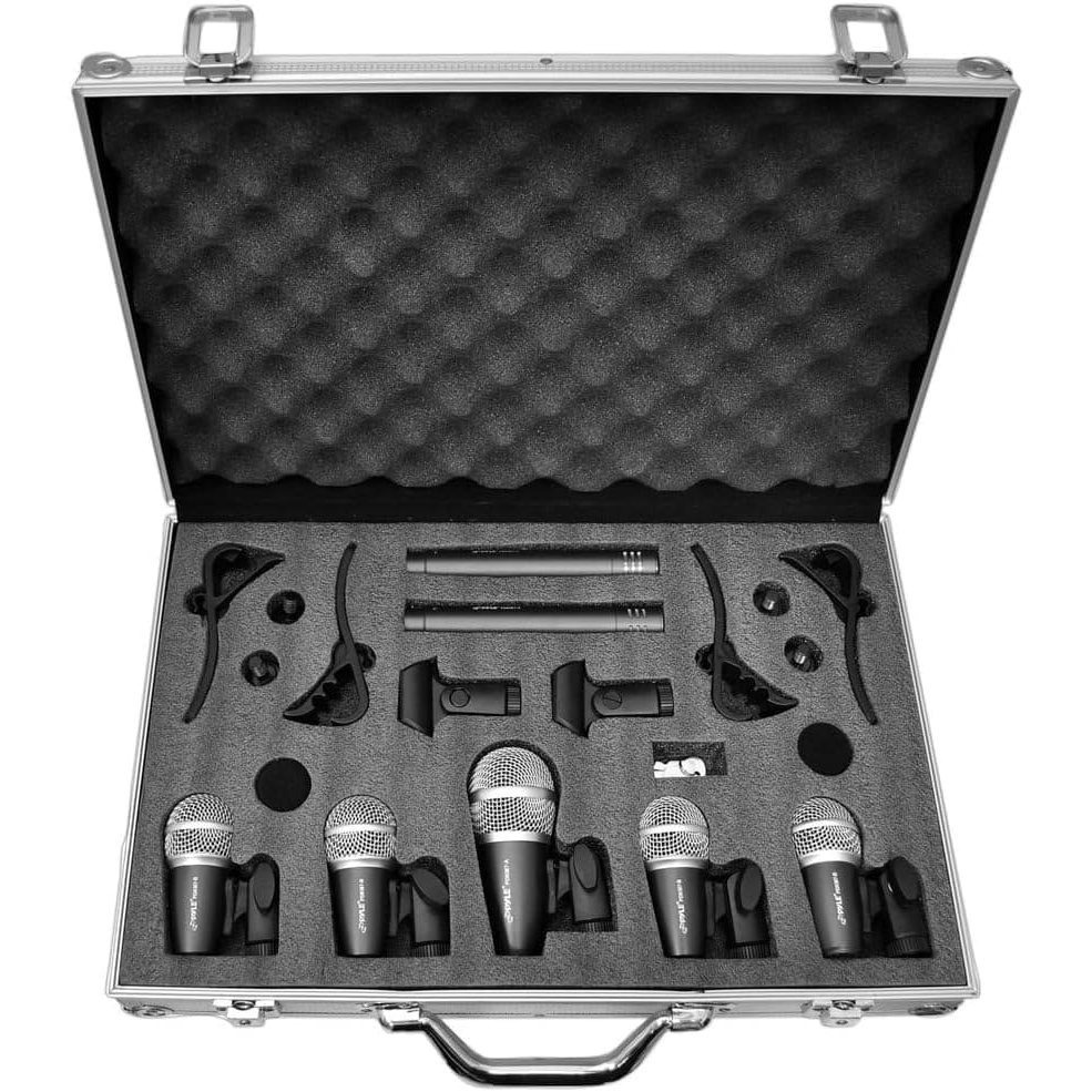 7pcs Cable-bound Dynamic Microphone Set For Drums, , Tom/snare & Cymbal - Complete With Thread Clips, Inserts, Microphone Holder & Carrying Case, Black