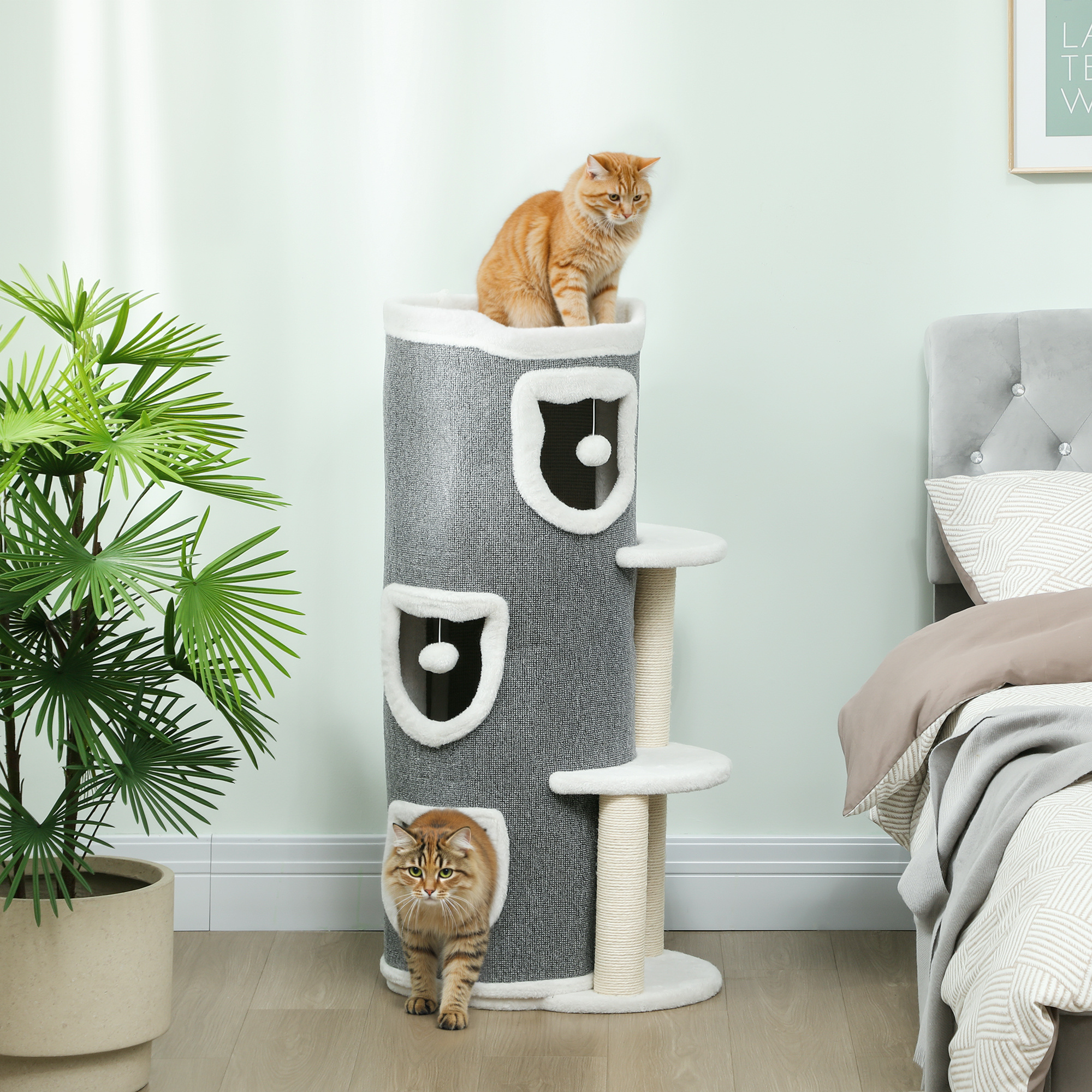 Scratching Post, 101 Cm High Cat Tower With Cave, Play Ball, Plush Edge, Multi-level Scratching Tree With Sisal Scratching Posts, Upper Bed, Platforms, Cat Cave Cat House For Cats Up To 6 Kg, Grey.