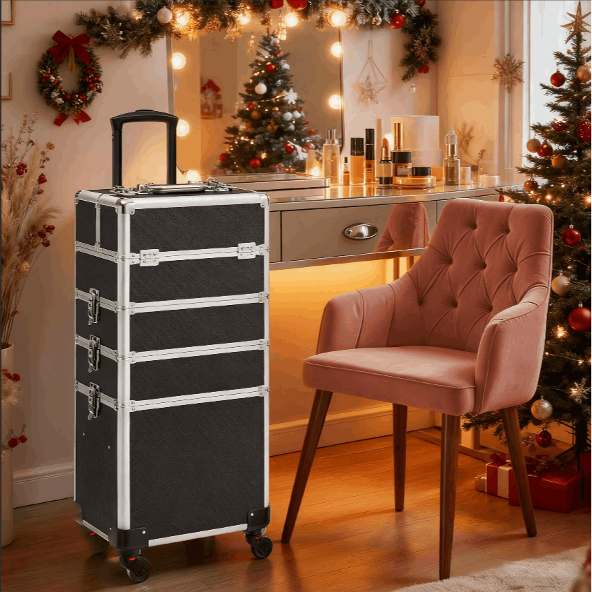 TEMU Makeup Case, Trolley, 4-in-1 Makeup Case, Hairdresser Case, Lockable, Makeup Case, 360° Rotatable Wheels, Black, Christmas Gifts