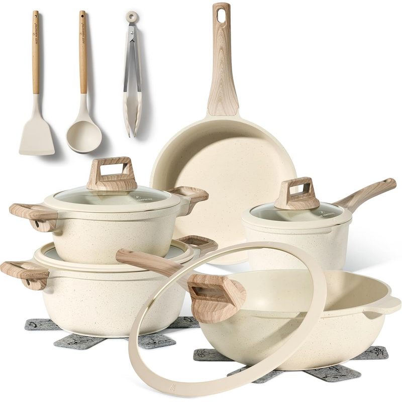 Image of Battery Of Induction Cookware Set Of Pots With Lid - Casserole For All Fires - Pan - Pan Without And Ptfe - Lot With Pans (beige)