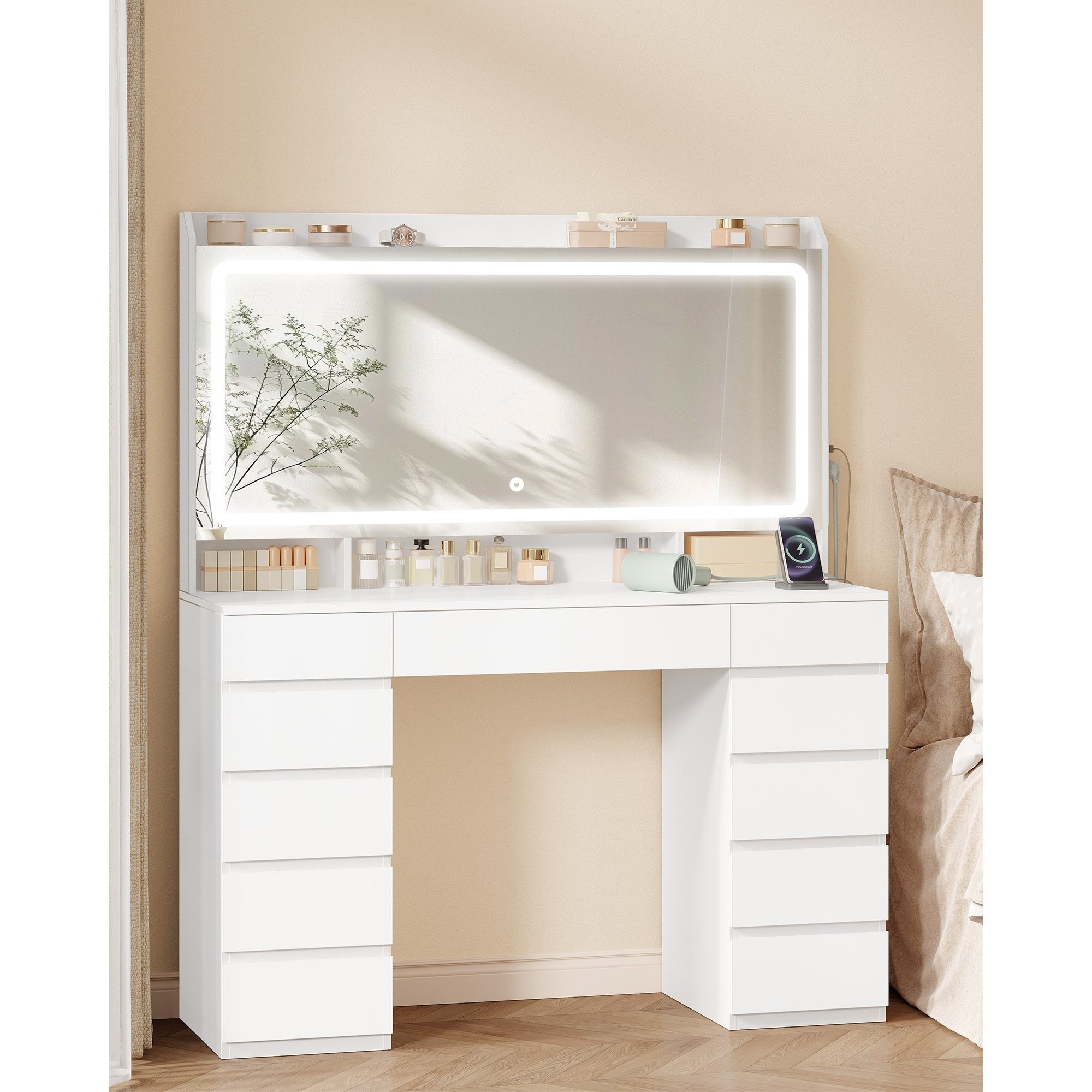 TEMU 108 cm Tocador de Maquillaje, Tocador con Espejo HD Grande, Luces LED Regulables y Enchufes, 11 Cajones, 3 Compartimentos de Almacenamiento y 1