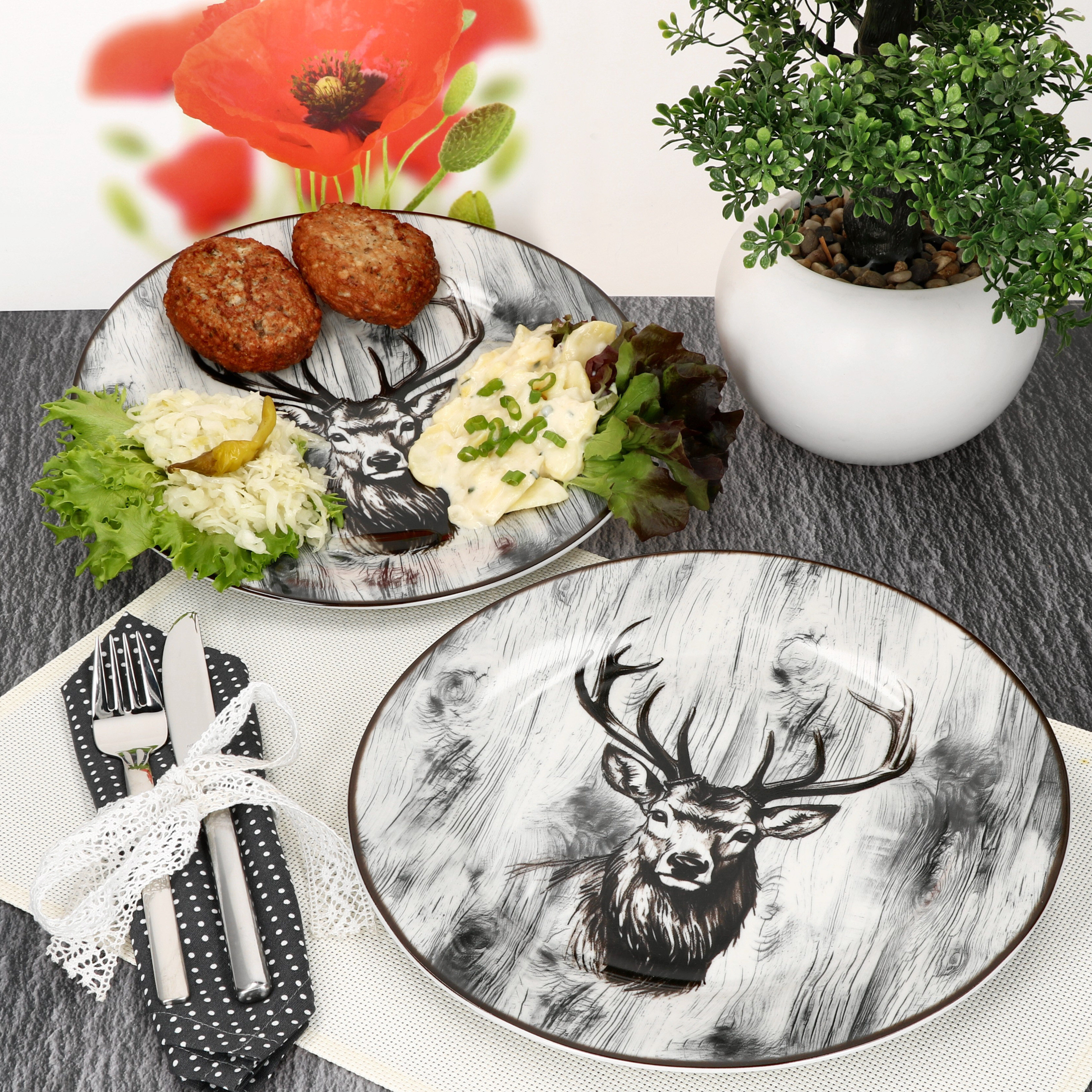 Set Of 6 Dinner Plates, Ø27.2cm, Porcelain, For 6 People, Large Plate, Deer Design