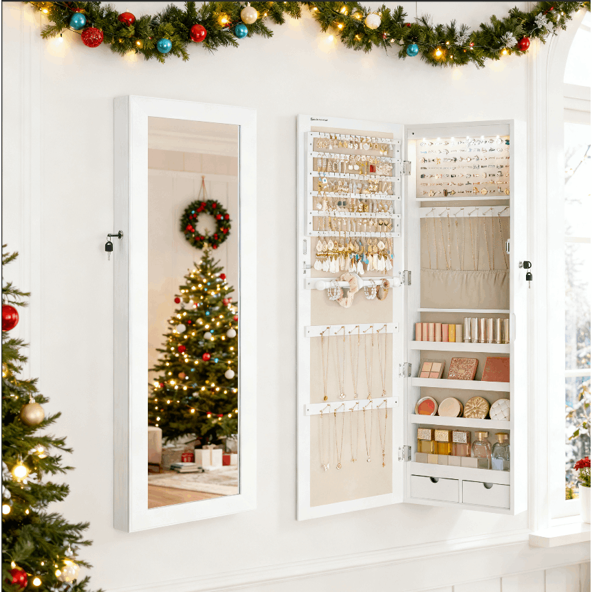 Image of Jewelry Cabinet, Mirror Cabinet, Wall Storage Furniture For Necklaces, Earrings, Accessory Cabinet, With Mirror, Multiple Compartments, Lockable, Christmas Gift