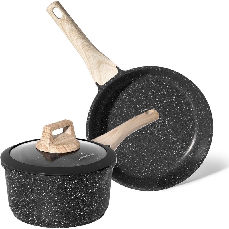 Image of Frying Pan 20cm + 18cm Casserole With Lid, Induction Compatible Cookware Set, -free And -free Coating, High-quality Aluminum, Thermal Insulated Handle