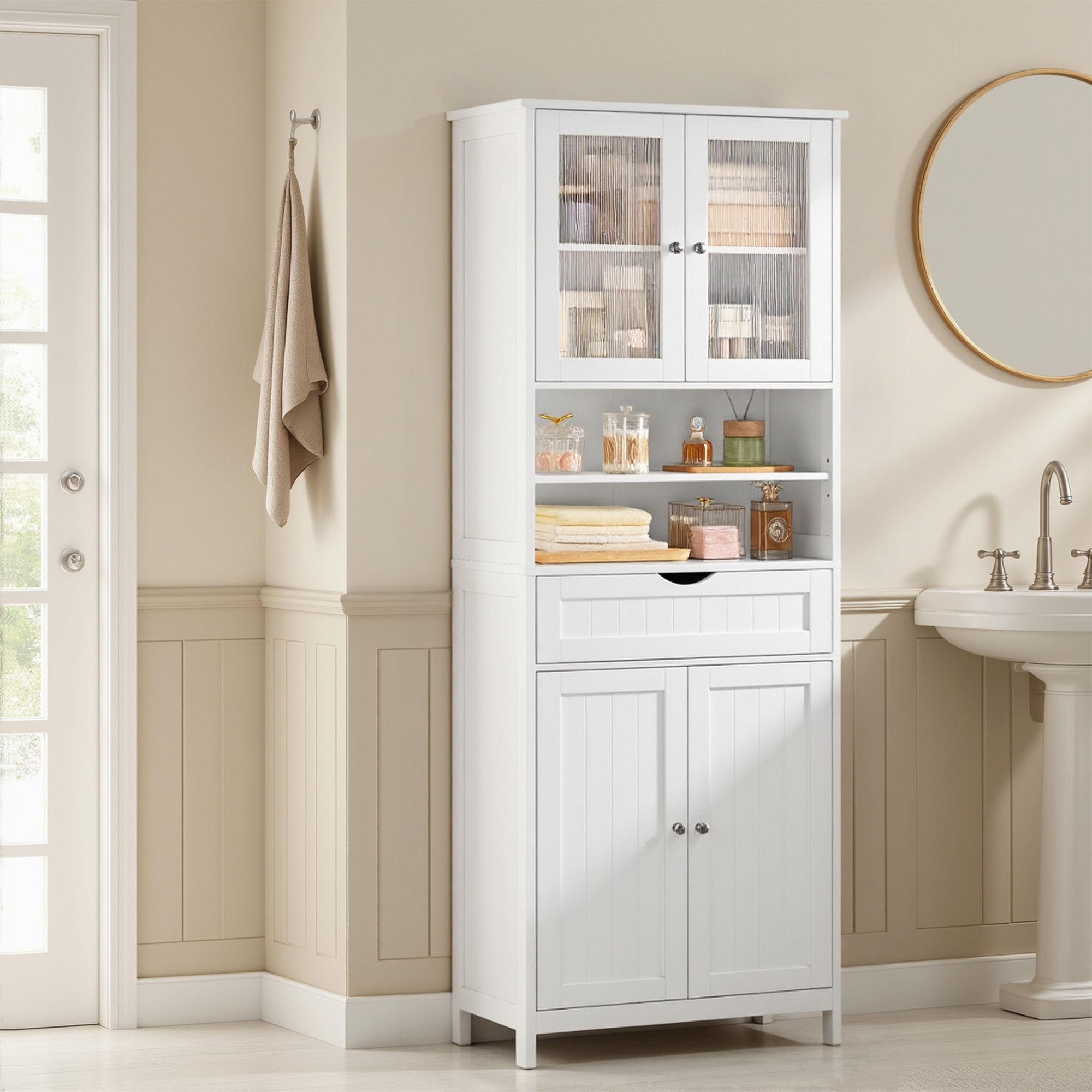 E-shop Badschrank, Badezimmerschrank, 30 x 60 x 170 cm, Aufbewahrungsschrank mit verstellbaren Ablagen, Schublade, offenen Fächern, für Badezimmer,