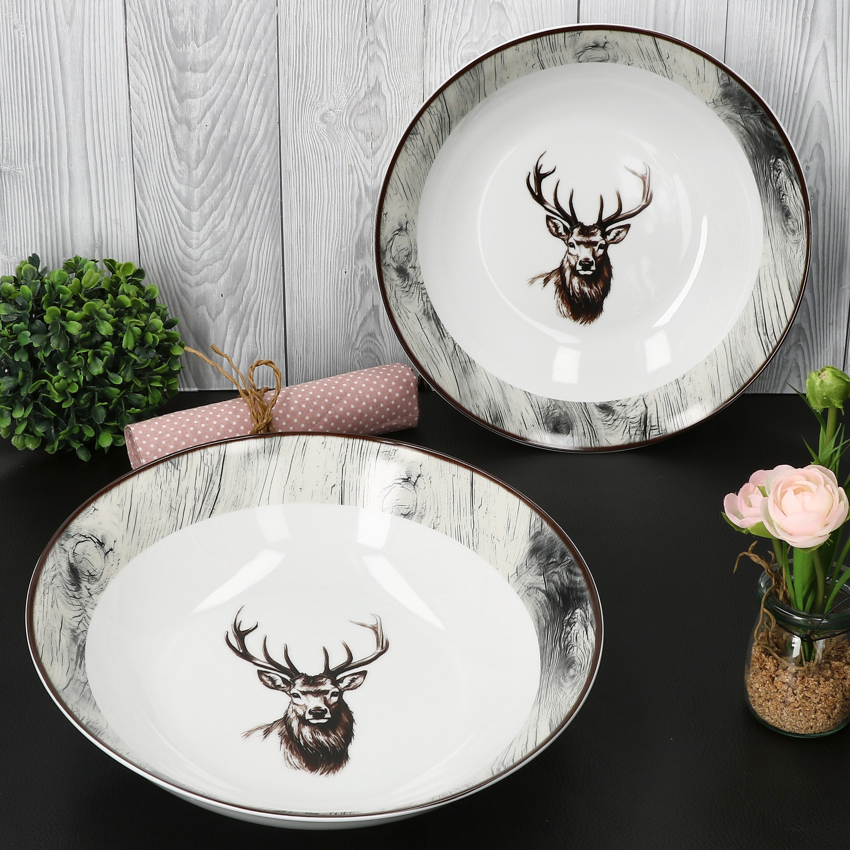 2x Serving Bowls Ø25.5cm 1.3l Porcelain Deer Soup Dishes