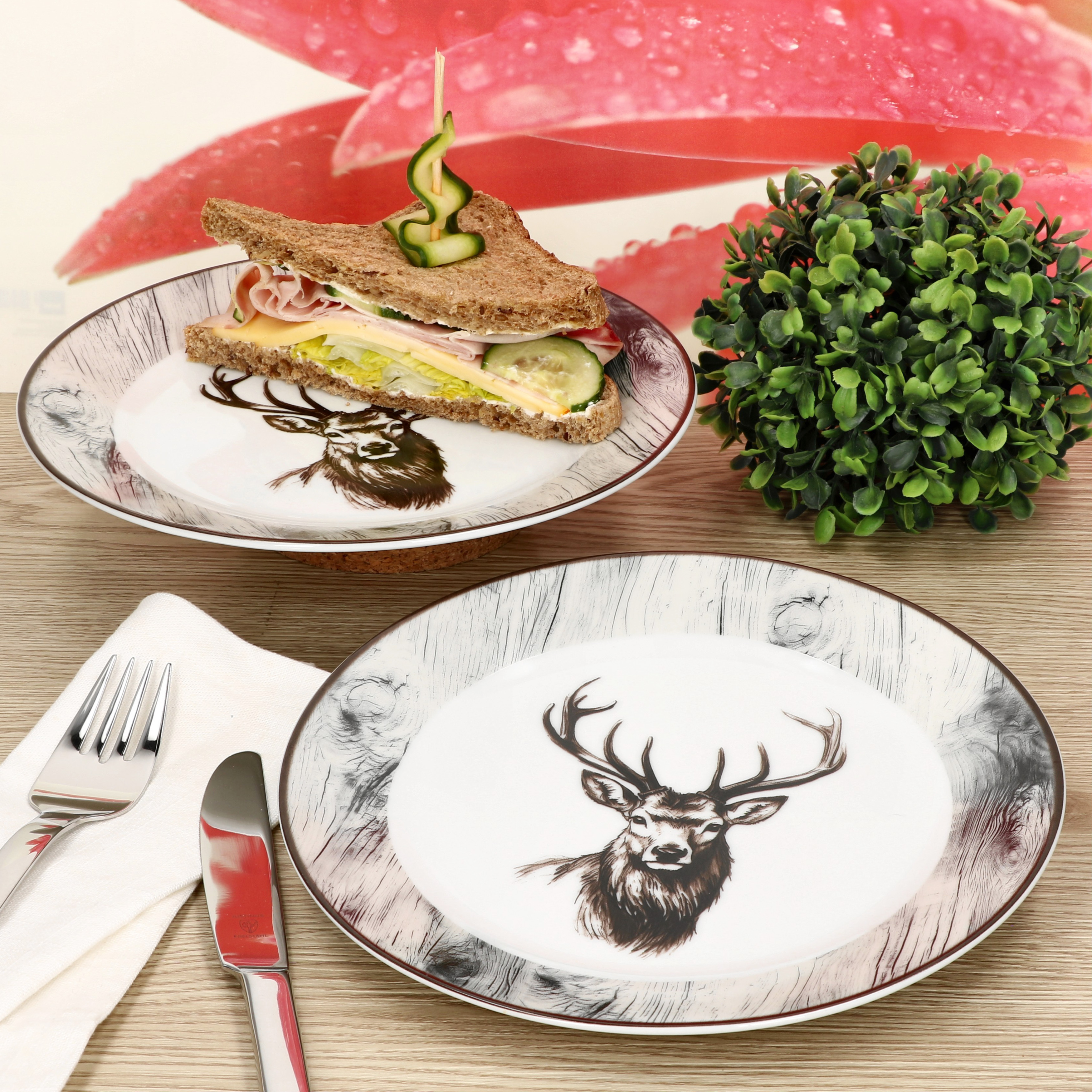 E-shop 6er Set Kuchenteller Porzellan 6 Personen Dessert Frühstücks-Teller Hirsch