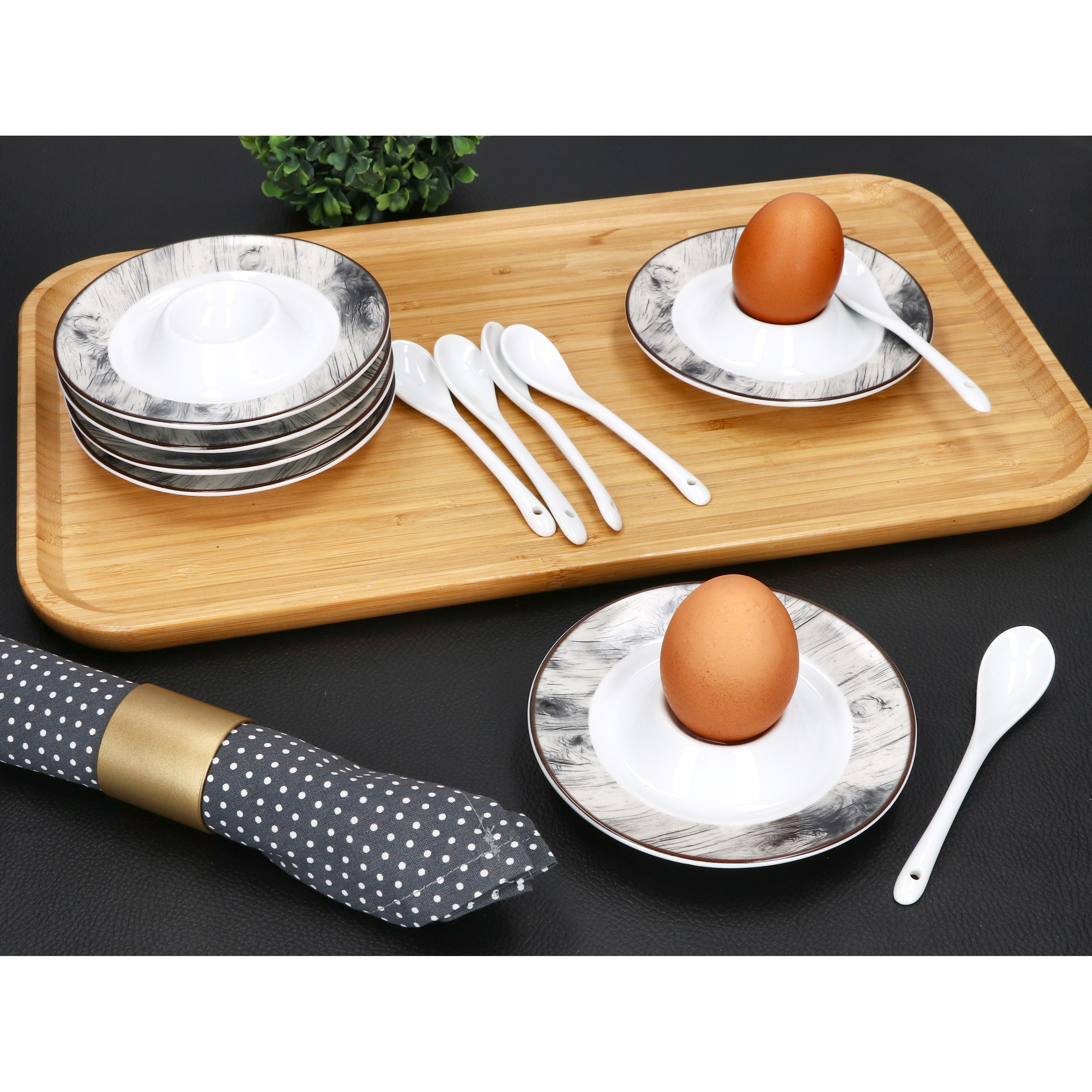 6x Egg Cups With Holder, Wood-look Porcelain, Buffet Set