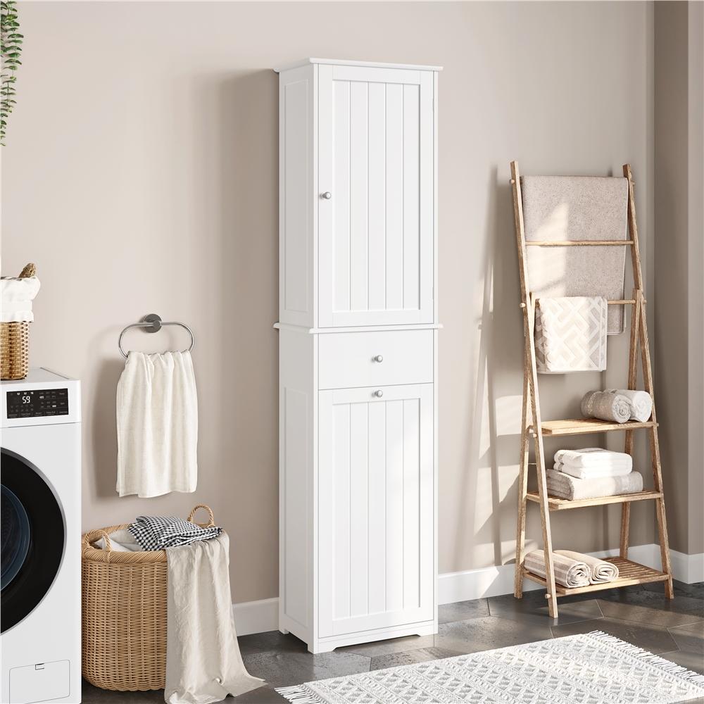 TEMU Costoffs Armadietto da Bagno 45 x 30 x 180 cm Indipendente con Cesto Mobile da Bagno con Armadietto e Ripiani Regolabili Mobiletto Alto per la