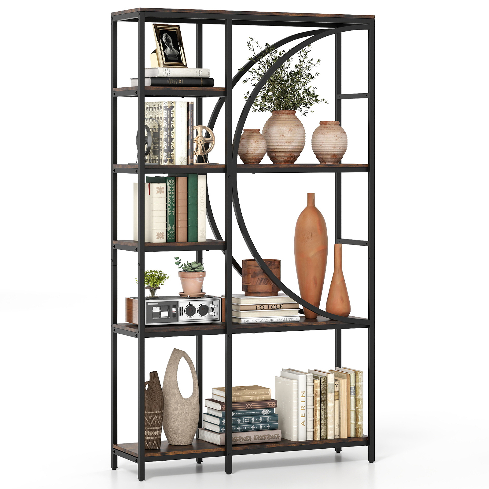 6-tier Bookshelf, Industrial Etagere Bookcase With Open Storage Shelves, Freestanding Tall Display Shelf With Arc-shaped Design, Metal Frame, Storage Organizer For Living Room, Home Office