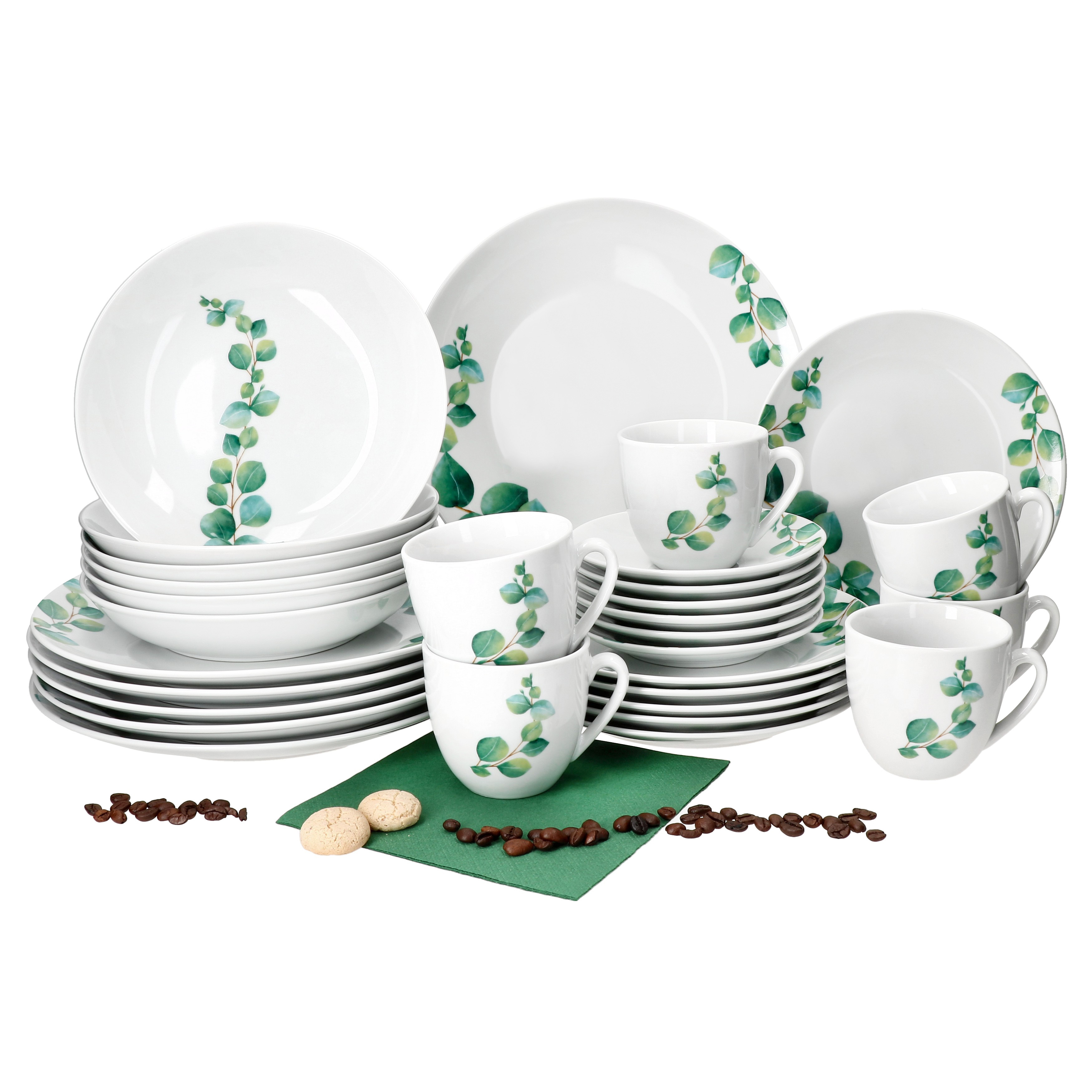 30-piece Eucalyptus Porcelain Dinnerware Set For 6 People, Including Cups, Saucers, And Plates