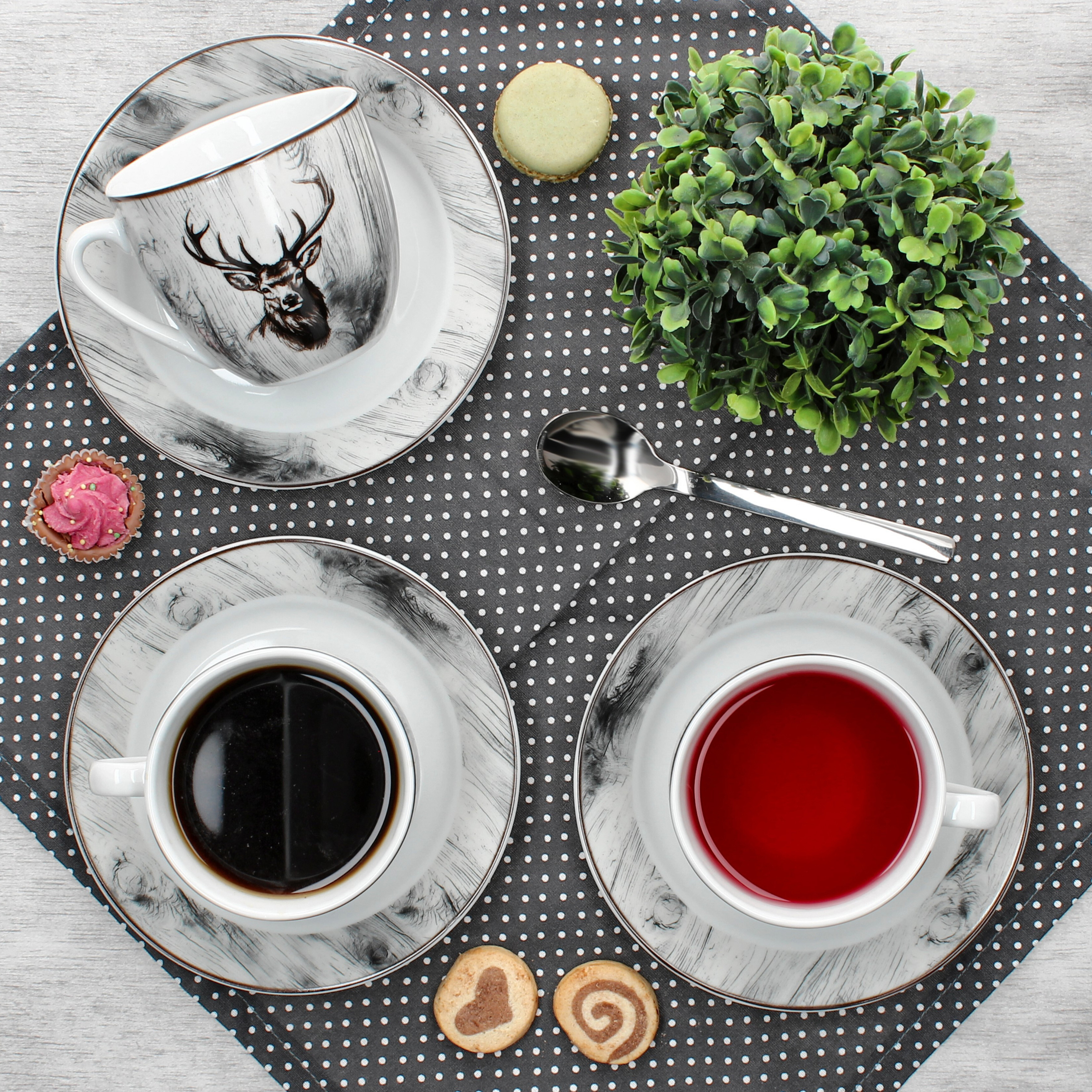 6pcs Set Of Coffee Cups With Saucers For 6 People, Porcelain, Tea, , Deer