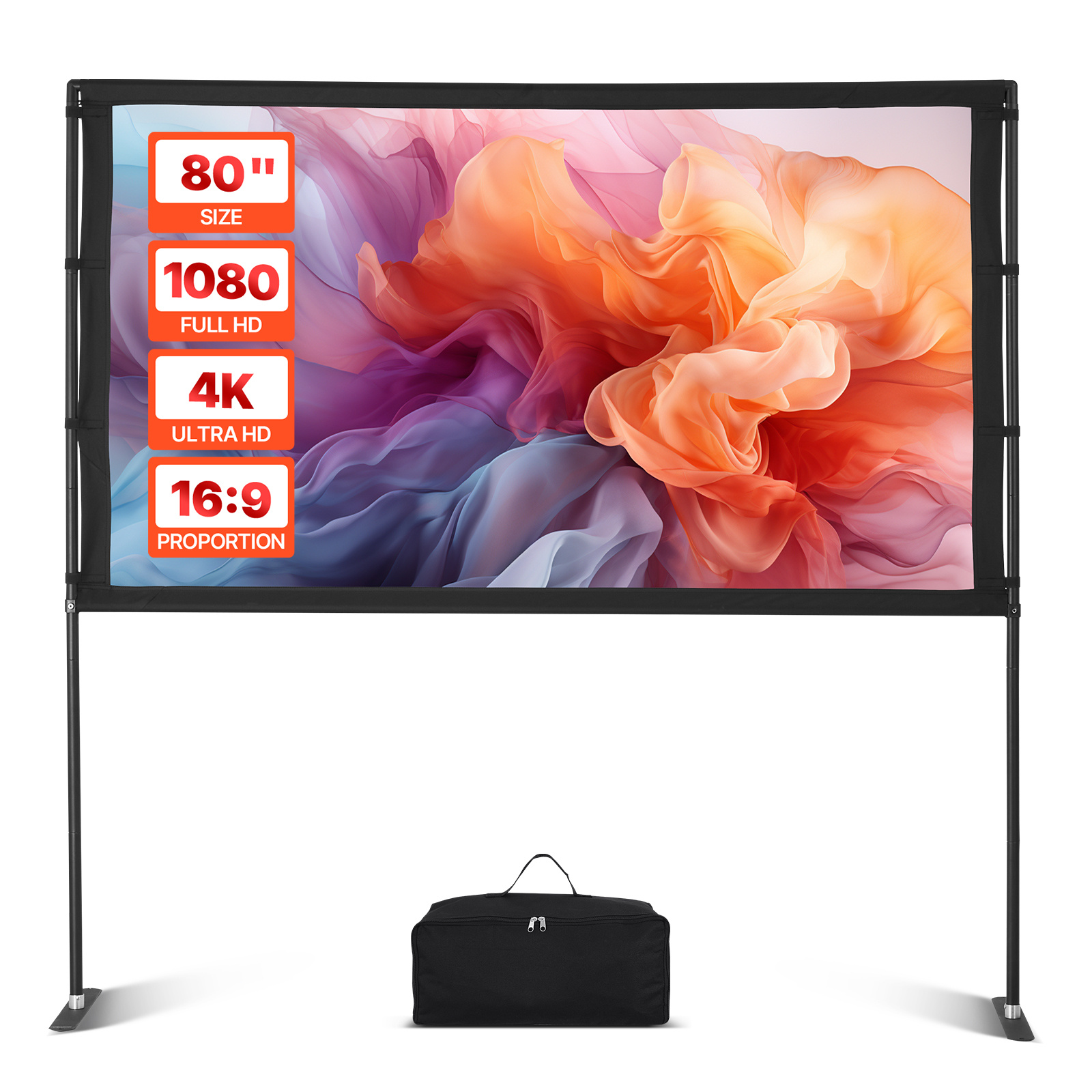 TEMU VEVOR Pantalla de Proyector con Soporte, 80 Pulgadas 160° Pantalla de Proyección , 16:9 4K HD Pantallas Portátiles de Soporte con Bolsa de
