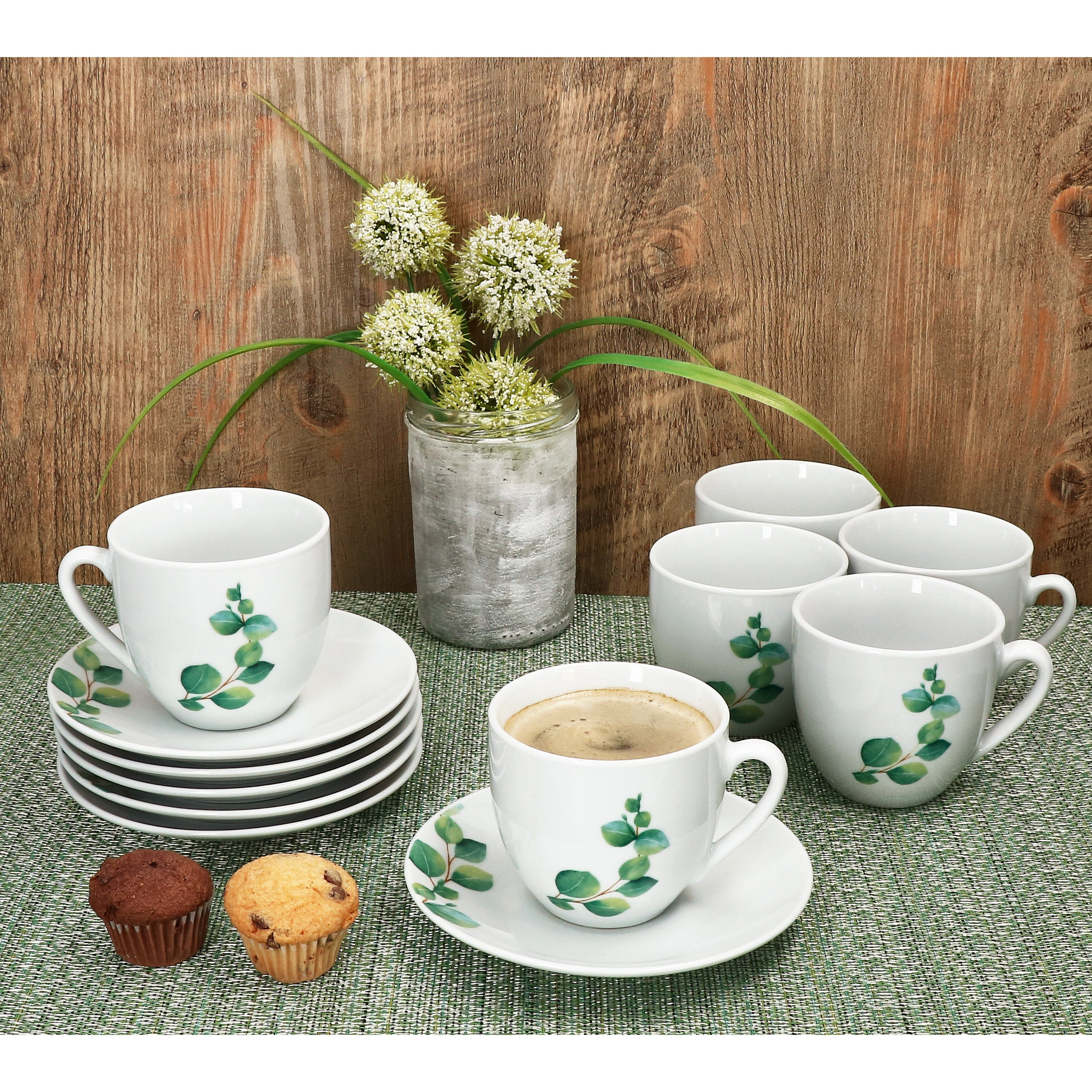 6-piece Eucalyptus Coffee Cups With Saucers Set For 6 People, Porcelain Tea Leaf