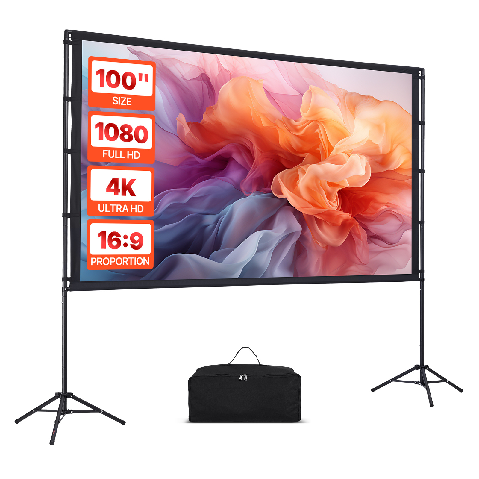Image of Vevor Projector Screen With Stand, 100 Inch 160° Wide Angle Indoor Outdoor Projection Screen, 16:9 4k Hd Wrinkleless Portable Dual-tripod Screens With Carry Bag, For Movie Home Theater Presentation