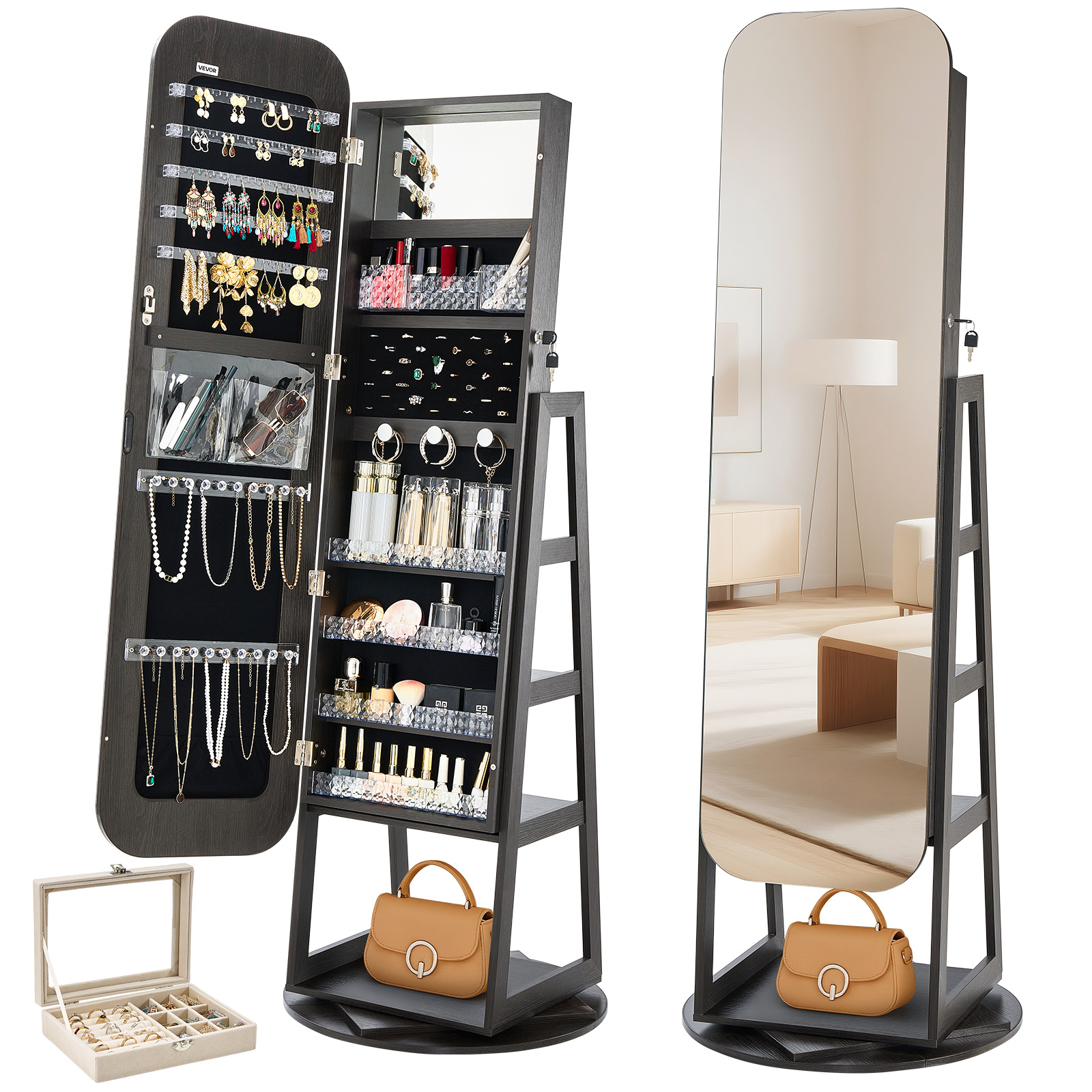 TEMU Vevor Jewelry Cabinet, 1600 Mm Tall, Full-length Mirror With Storage, Standing Rotatable Jewelry Armoire Organizer, Lockable Door With 2 Keys,