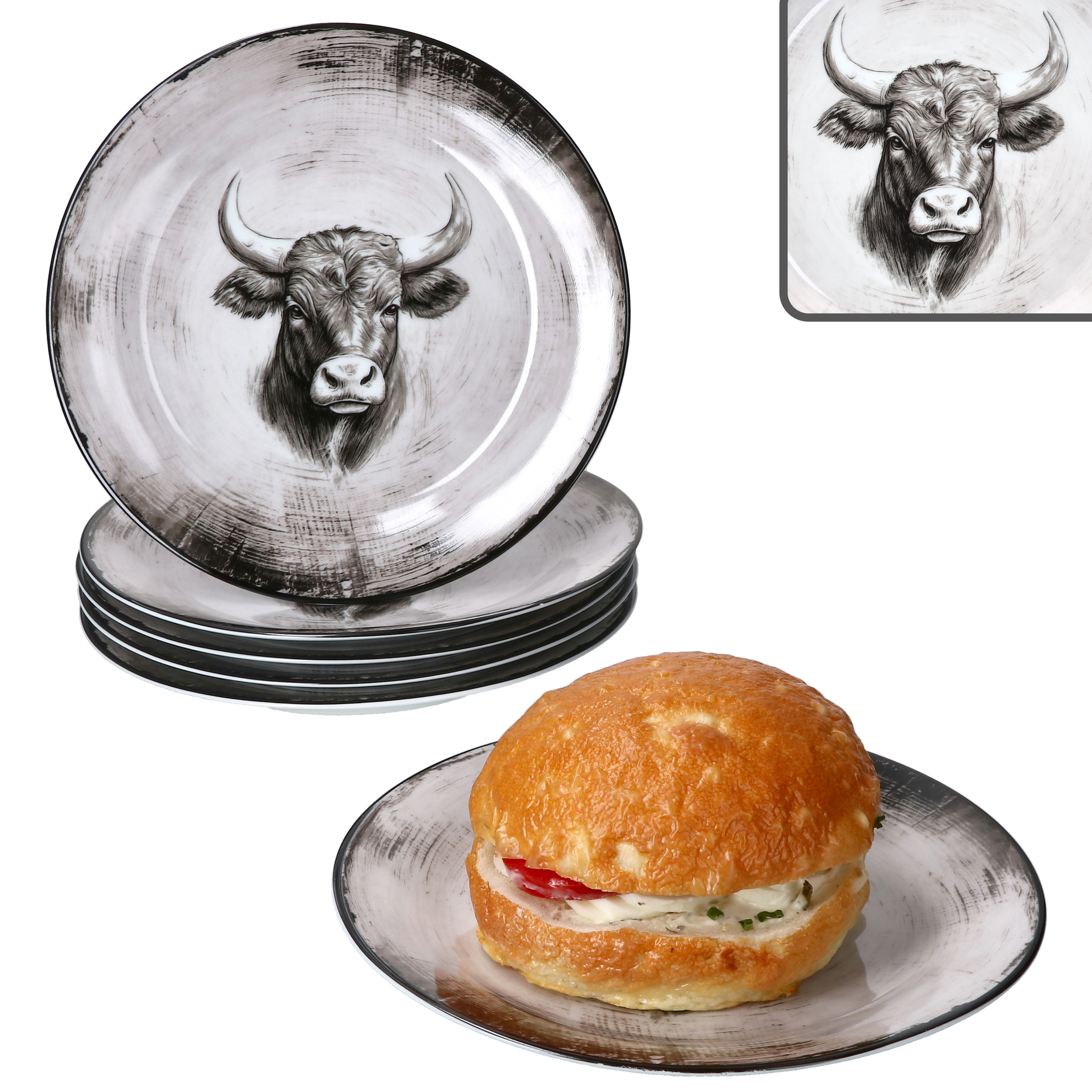 E-shop 6x Kuchenteller Dessert-Teller Porzellan 6 Kuh rosa Alm
