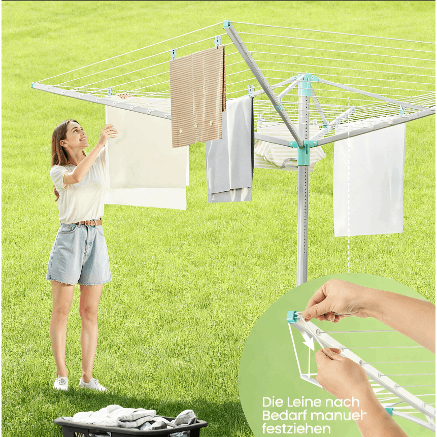 E-shop Wäschespinne, Wäscheständer, höhenverstellbar, 60 m Wäscheleine, für 6 Waschmaschinenladungen, Outdoor, Garten, mit Bodenhülse, Wäscheklammern