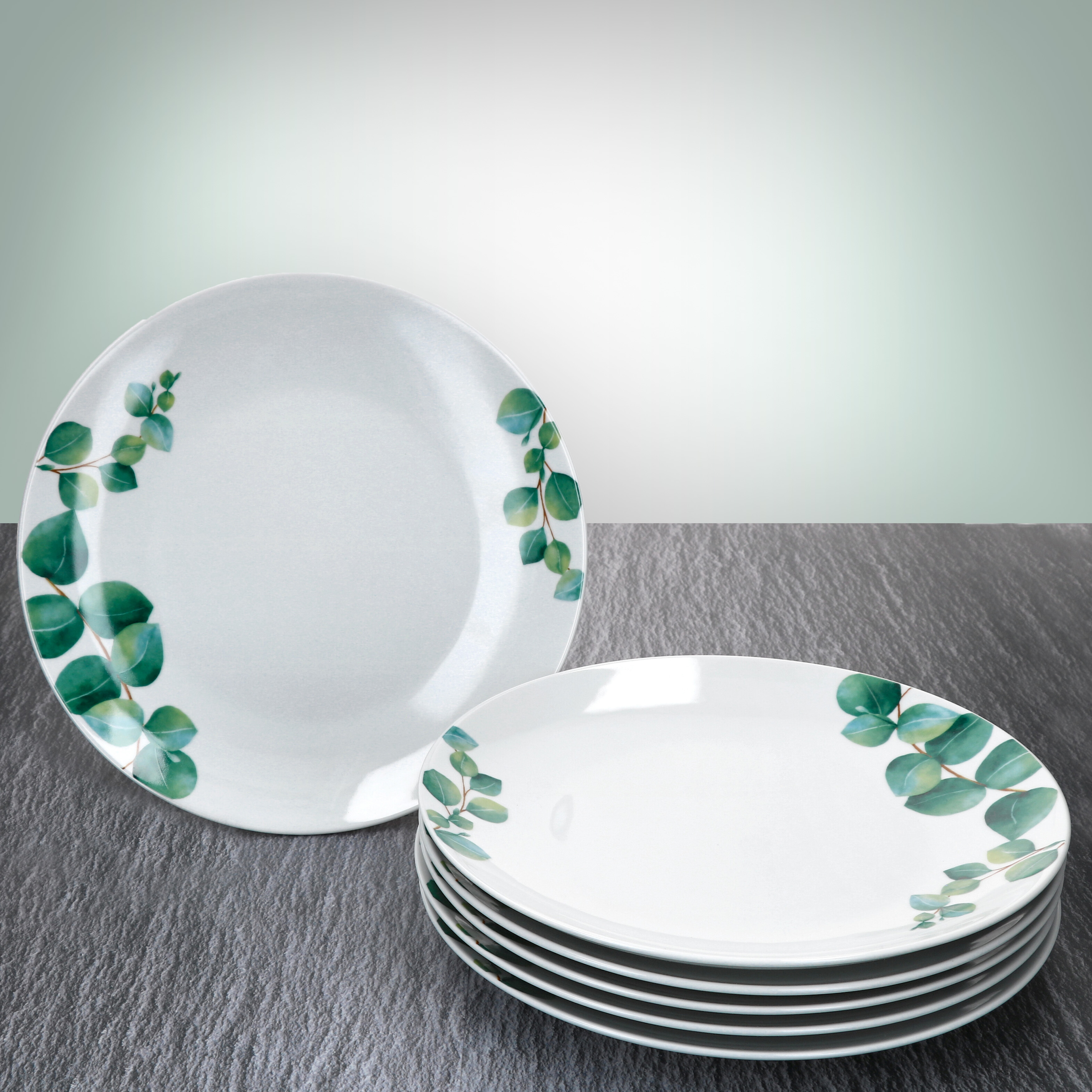 12pcs Eucalyptus White Porcelain For 6 People, Dinner Plate, Soup Plate