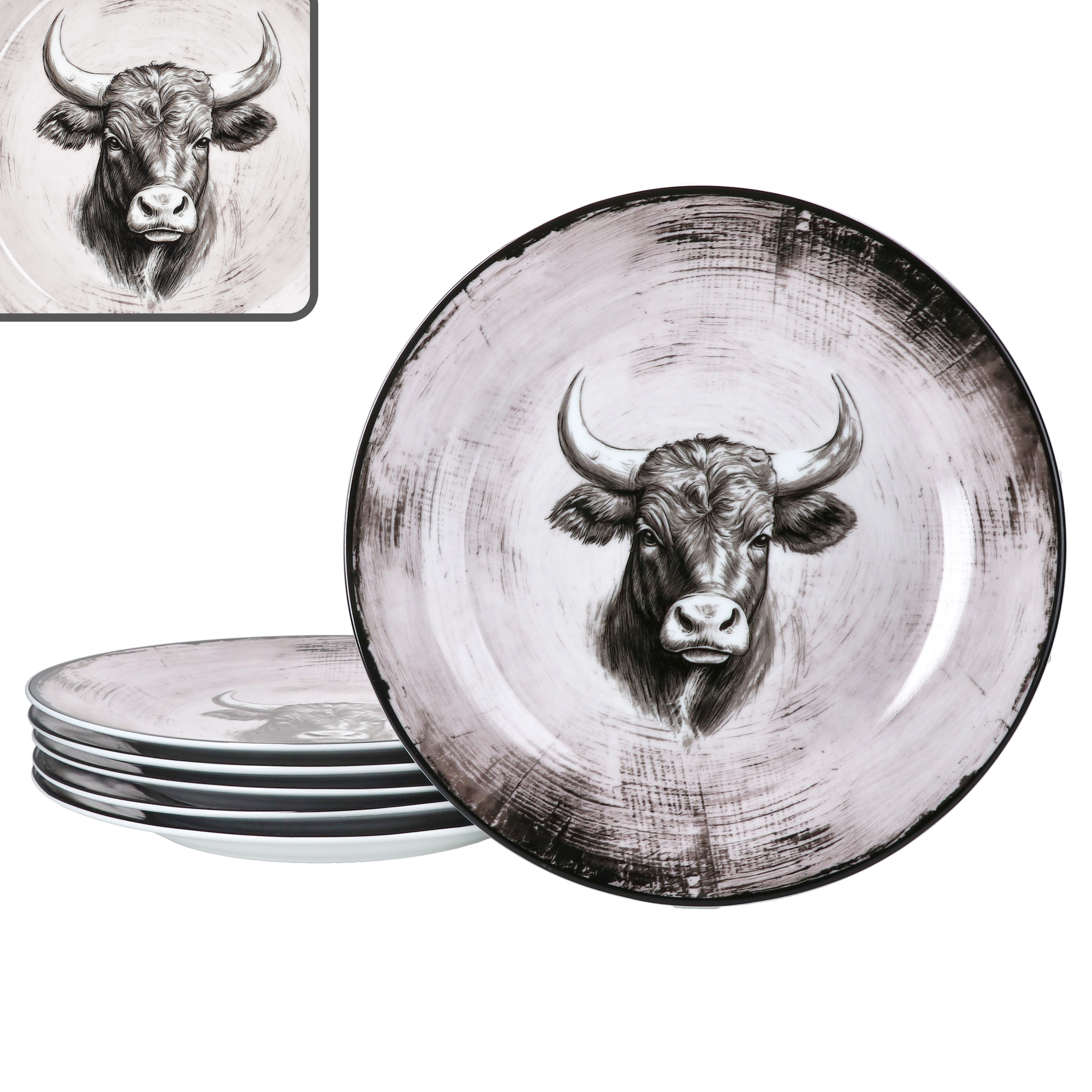 Image of Bull 6x Dinner Plate Large Porcelain 6 Cow Pink Alm