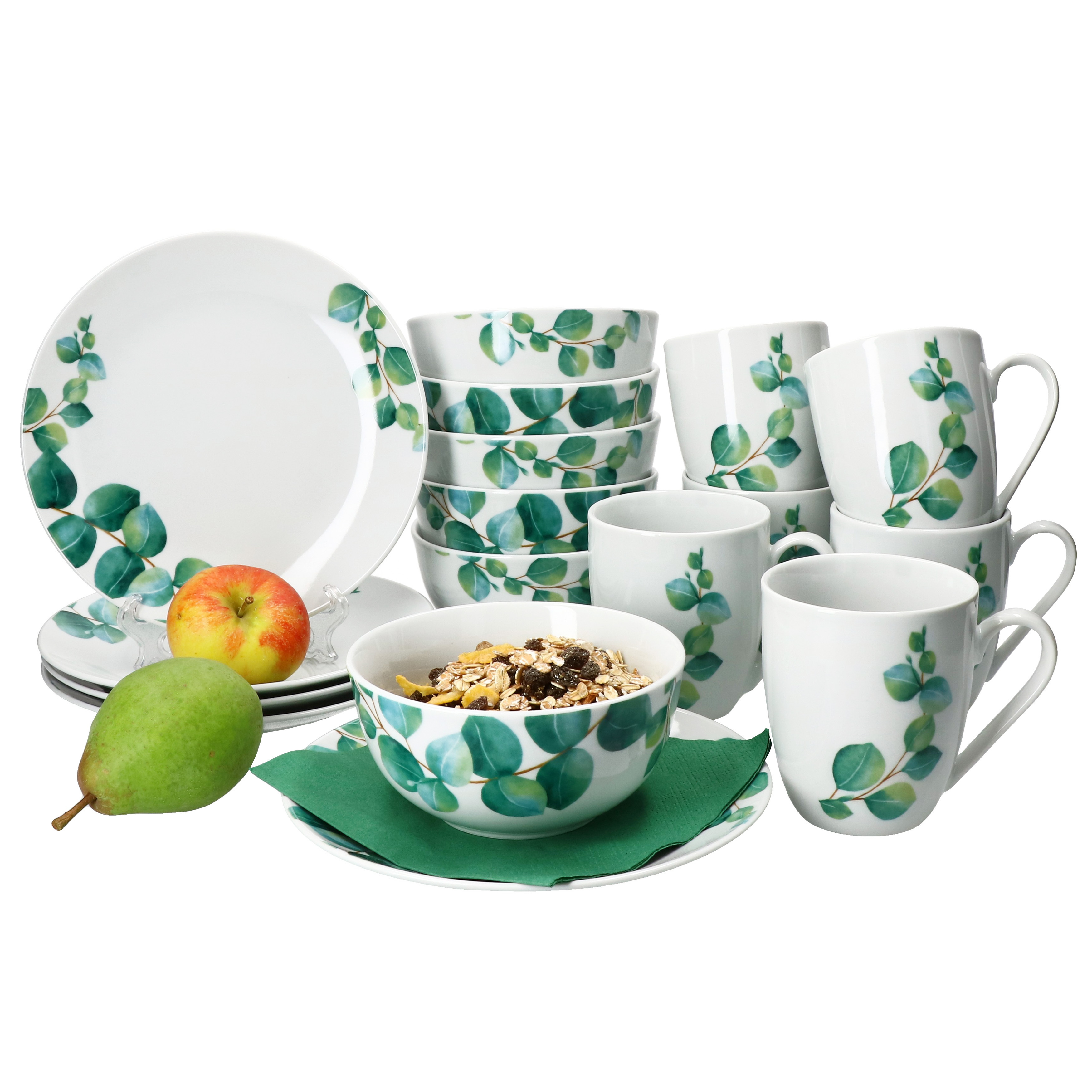 Image of Eucalyptus 18pcs Porcelain Breakfast Set For 6 People, Plates, Cups, Bowl, Leaf
