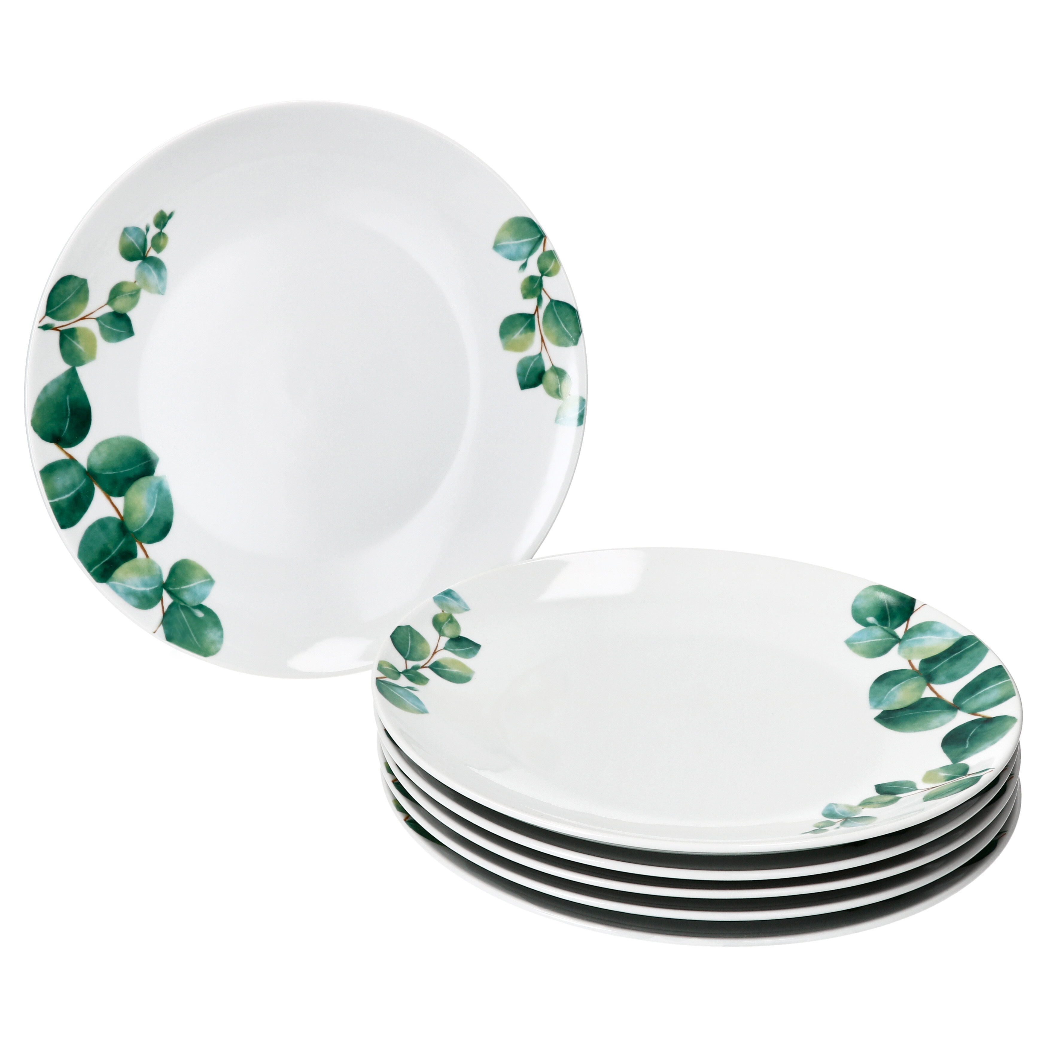 6x Eucalyptus Dinner Plates Ø27cm White Porcelain For 6 People, Large Leaf Design Plates