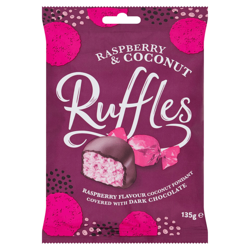 ruffles 135 of raspberry flavour coconut fondant creams covered in classic sweet candy individually wrapped