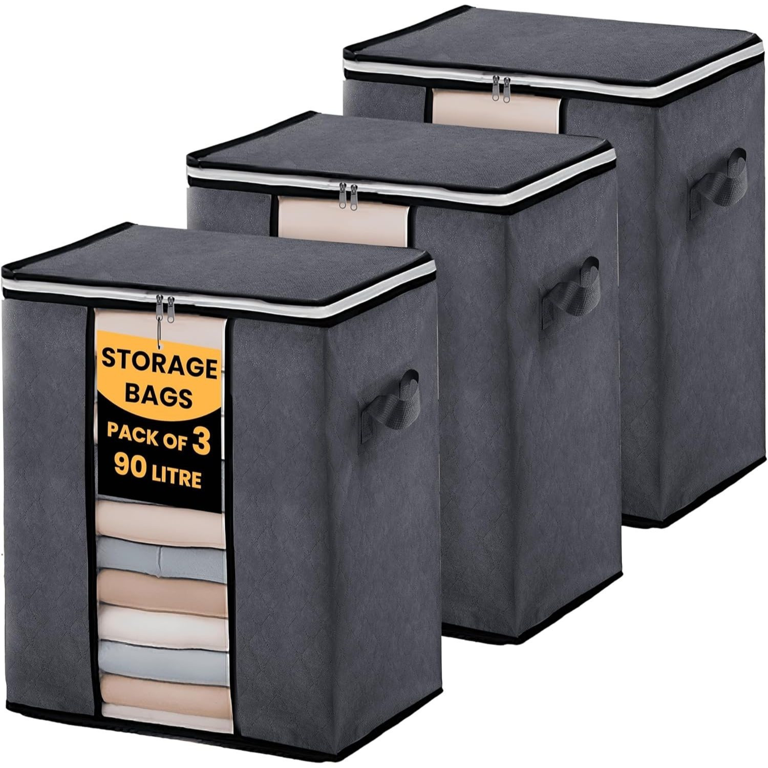 TEMU Lkh Clothes Storage Bags 90l - Pack Of 3 Foldable Fabric Clothes Storage Boxes - Non-woven, Breathable & Dust-resistant Storage Organiser With