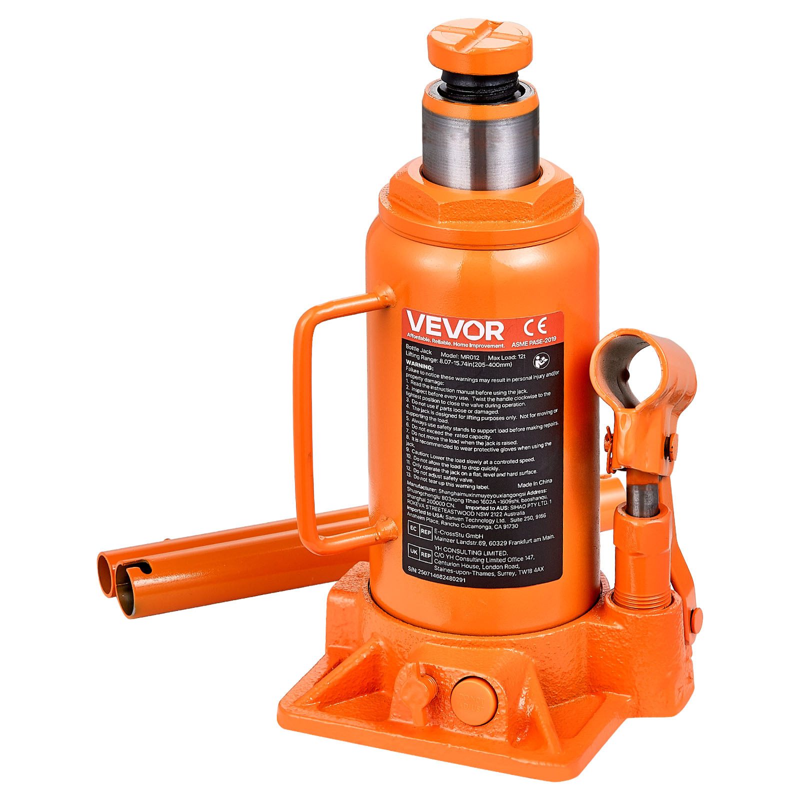 Image of Vevor Hydraulic Bottle Jack, 12 Ton (26455.5 Lbs) Capacity, 8.1-15.7 Inch Lifting Range, Heavy Duty Welded Bottle Jack For Car, Suv, Pickup, Auto Repair, House Lift And Agricultural Equipment, Orange