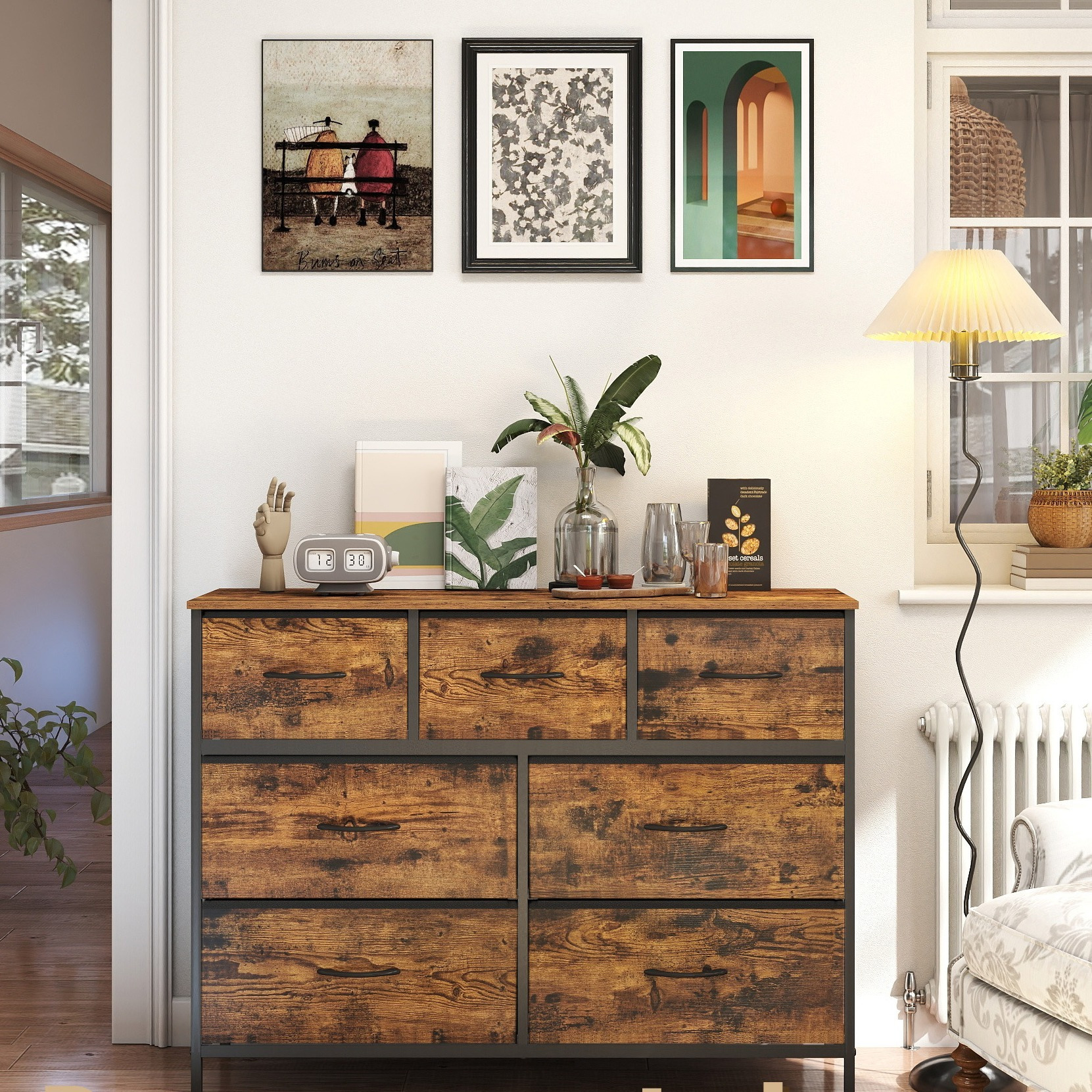 E-shop Schrank, 7 Stoffschubladen, Kommode, Aufbewahrungsschrank, Stahl, MDF, Vliesstoff, für Schlafzimmer, Flur, Wohnzimmer,