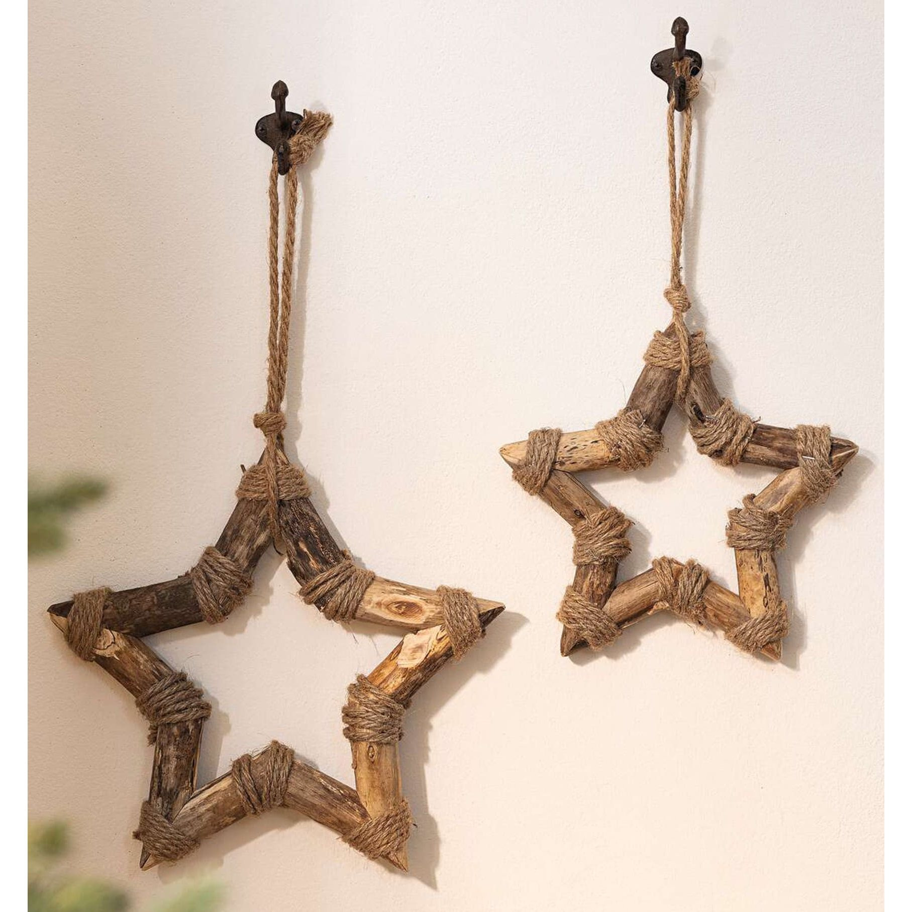 Image of 2x Decorative Star Hangers "" Made Of Recycled Wood & Jute, Ø 26 + 33 Cm Large, Christmas Hanger, Christmas Tree Decorations, Christmas Decor