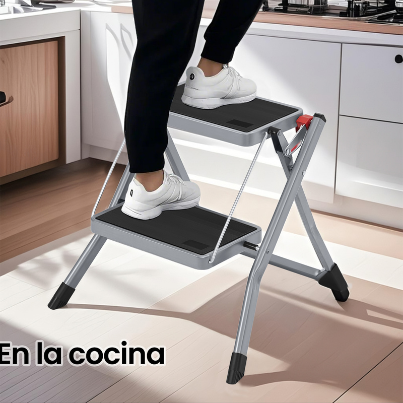 TEMU Escalera con goma antideslizante y asa, escalera plegable de 2 escalones, ancho de 20 cm, carga 150 kg, acero, y negro