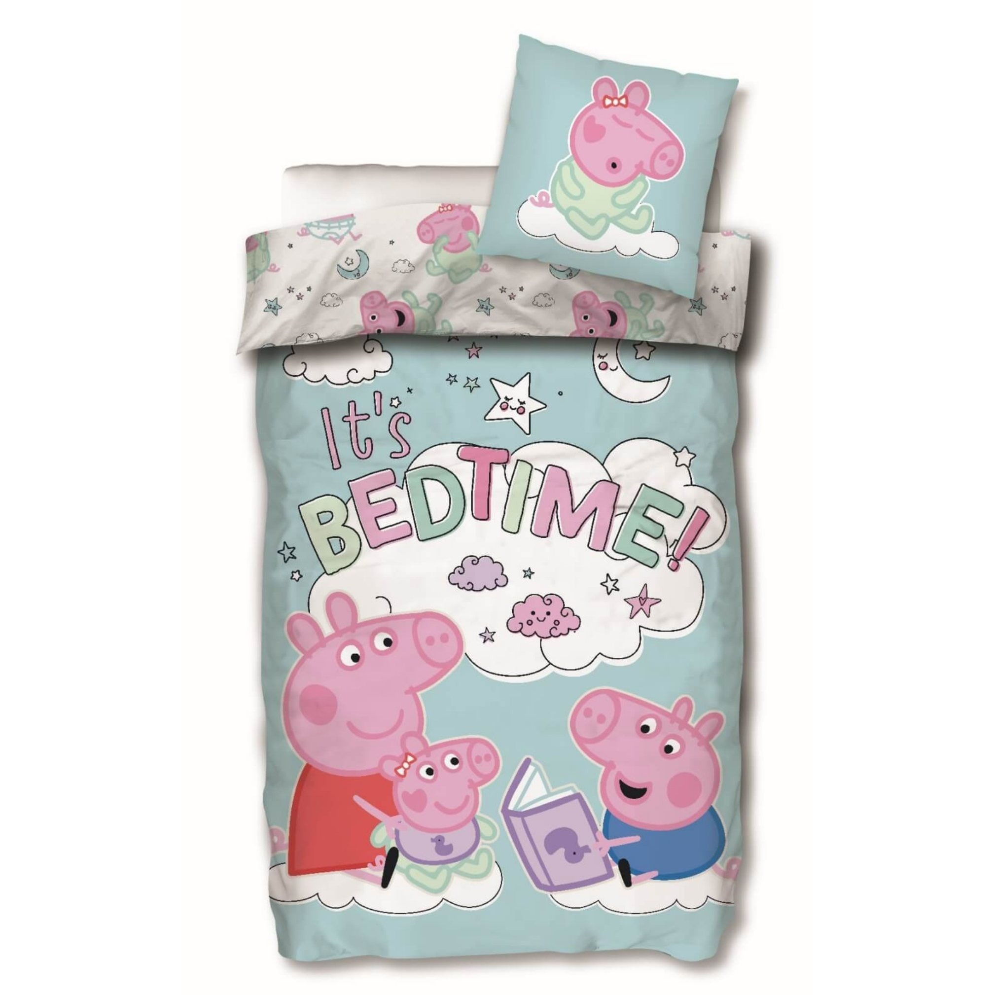 Image of Pig Bedding Set With Reversible " Bedtime" Design, Pig, George & Baby Duvet Cover 135x200, Pillowcase 80x80, 100% Cotton, Pig Bedding " Sleep