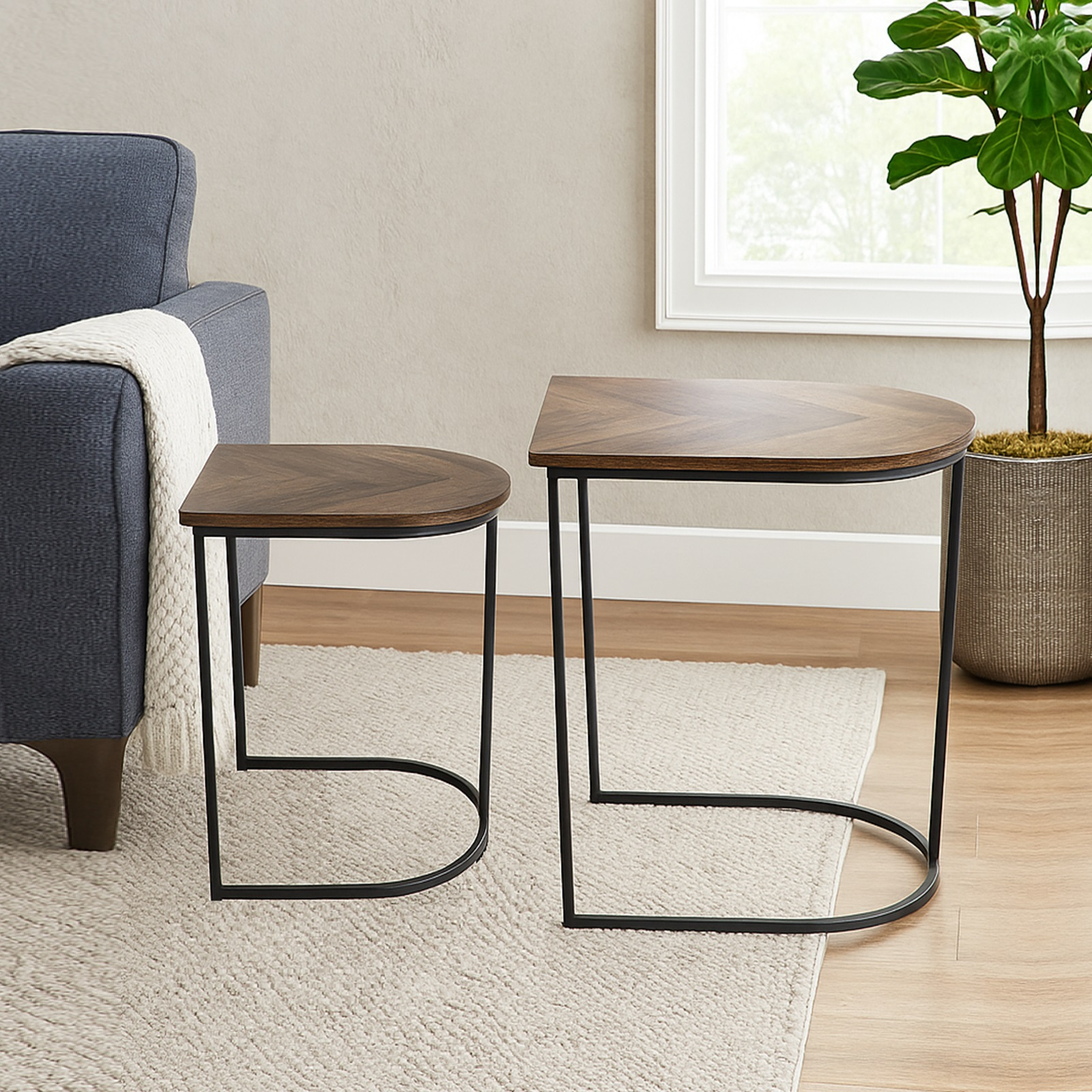 TEMU Nest Of 2 Coffee Table Metal Wood Chevron Modern Side Tables Set For Living Room
