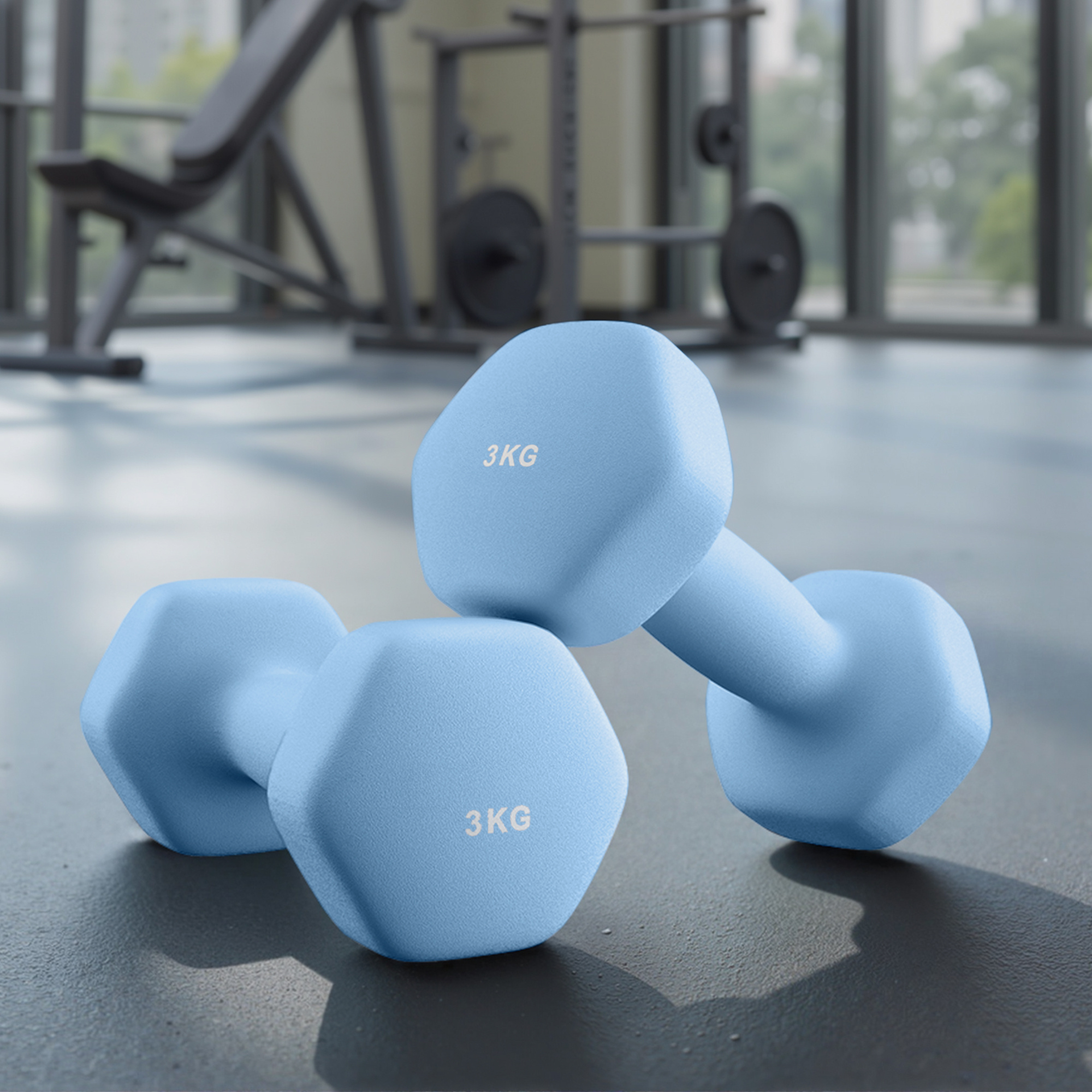 Image of Dumbbells, 2-piece Set, 2 X 3 Kg, Hexagon Dumbbell Set, Short Dumbbells, Neoprene Coating, Strength Training, Workout, Fitness Training, For Home Use, Pale Blue