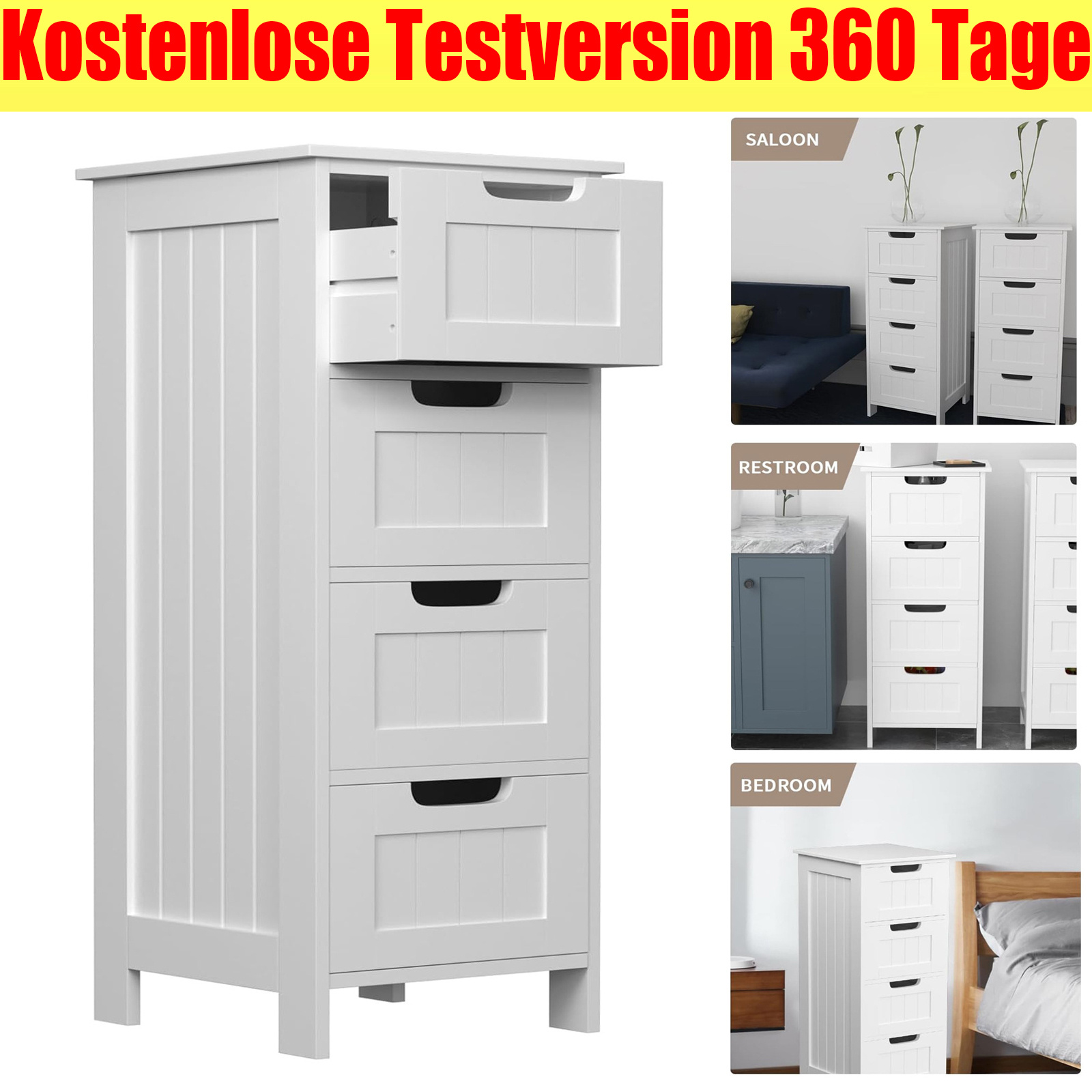 E-shop Badezimmer Bodenschrank mit 4 Schubladen, Schmaler Nachttisch für das Schlafzimmer, Hoher Kommode, Aufbewahrungsschubladenschrank für das