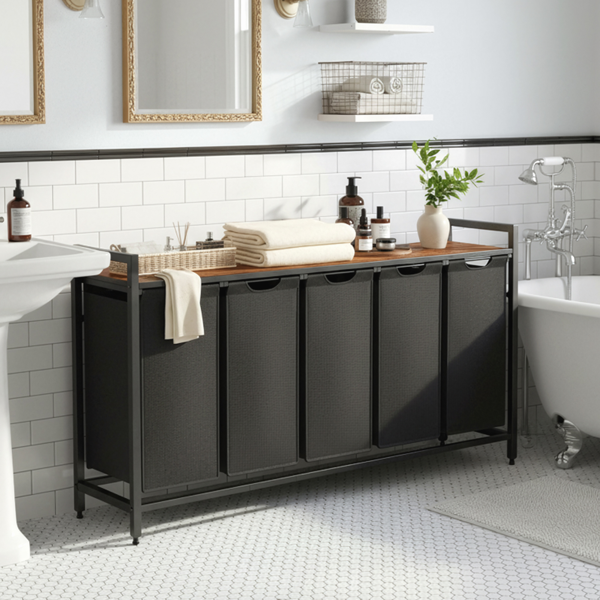 E-shop 5-fächeriger Wäschekorb, Wäschesammler mit Ablage, Wäschebox, abnehmbarer Wäschesack aus Oxford-Gewebe, Metallrahmen, 5 x 40 L